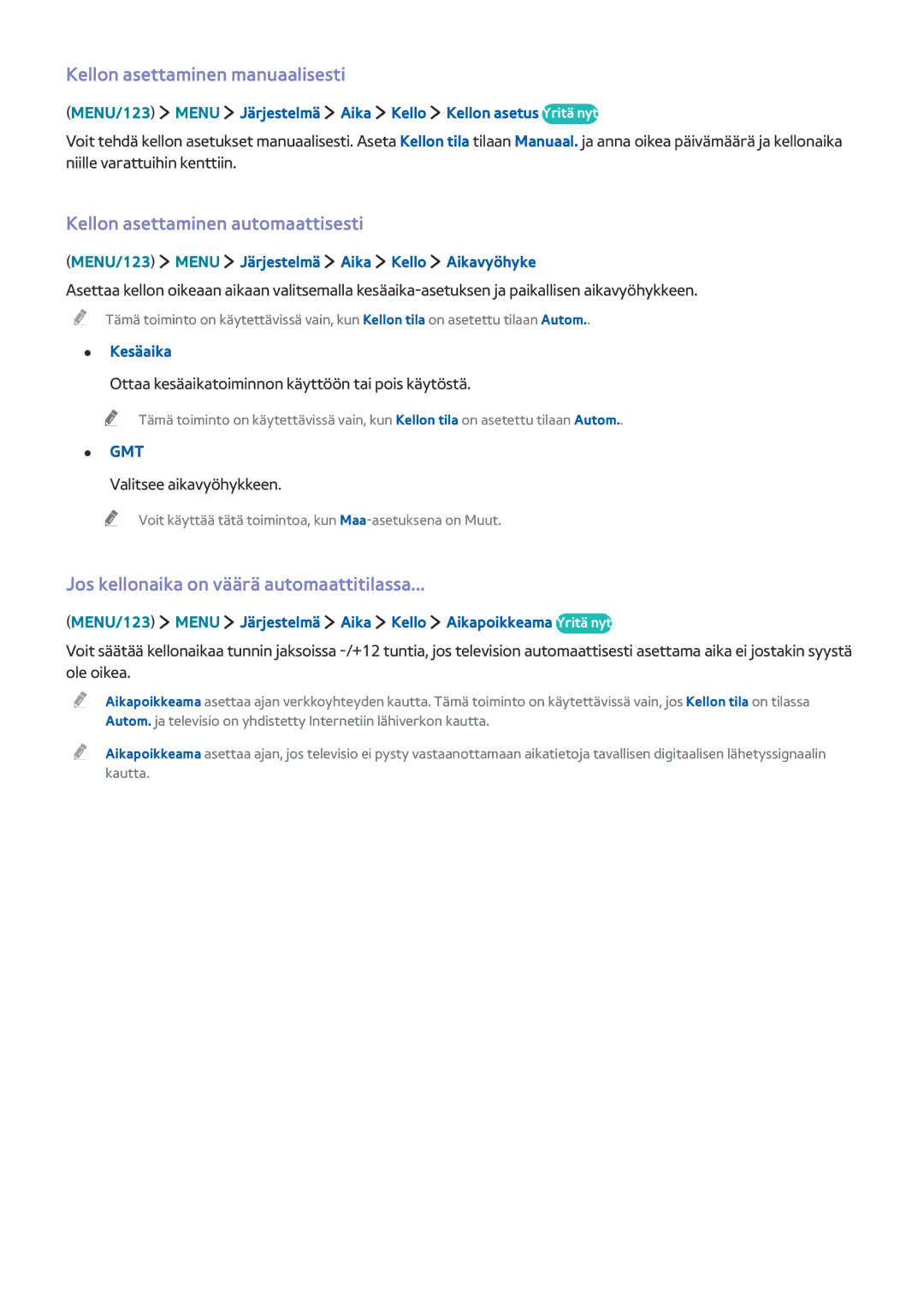 Samsung UE32J6375SUXXE, UE43J5505AKXXE manual Kellon asettaminen manuaalisesti, Kellon asettaminen automaattisesti, Kesäaika 