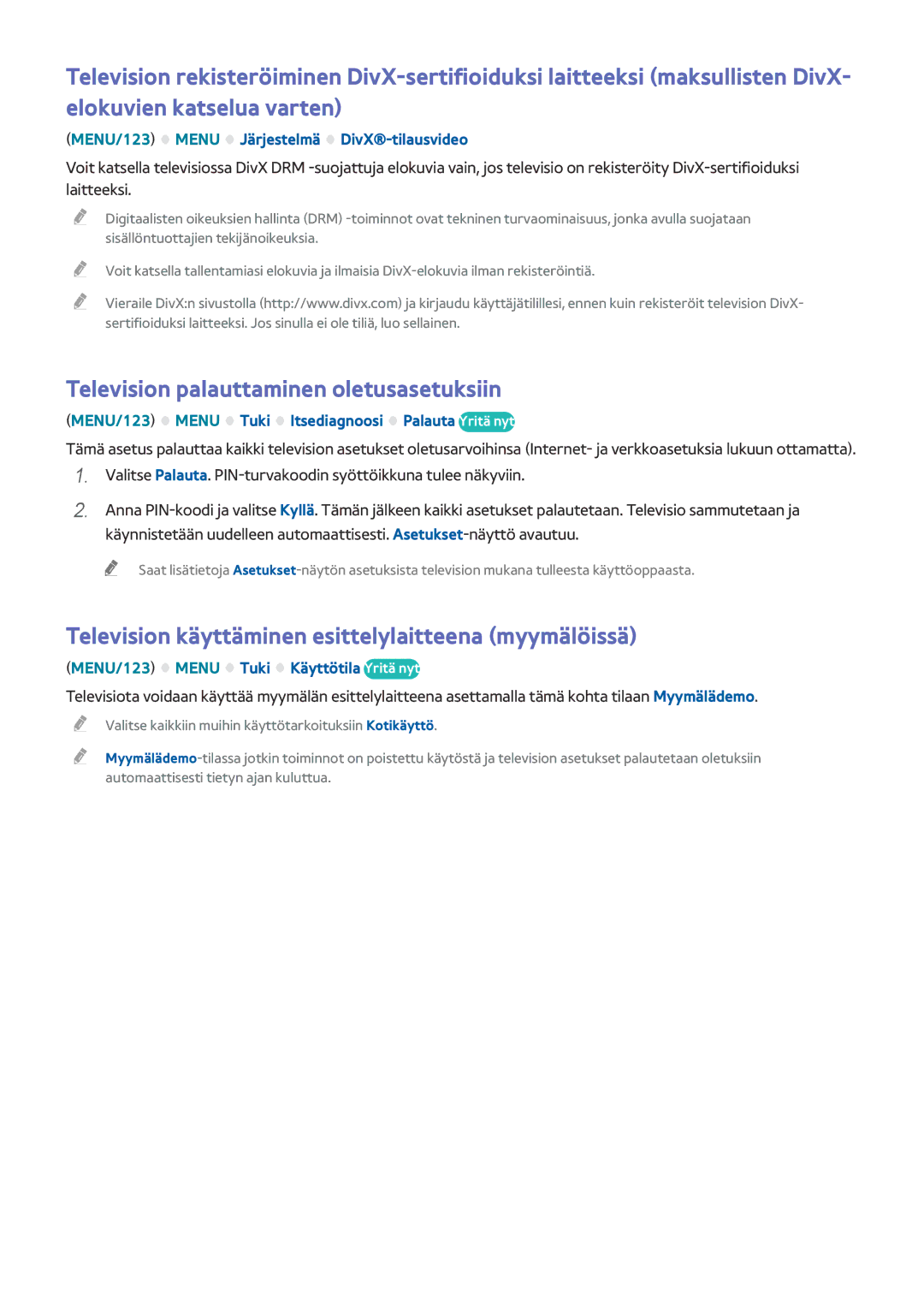 Samsung UE55J6285SUXXE Television palauttaminen oletusasetuksiin, Television käyttäminen esittelylaitteena myymälöissä 