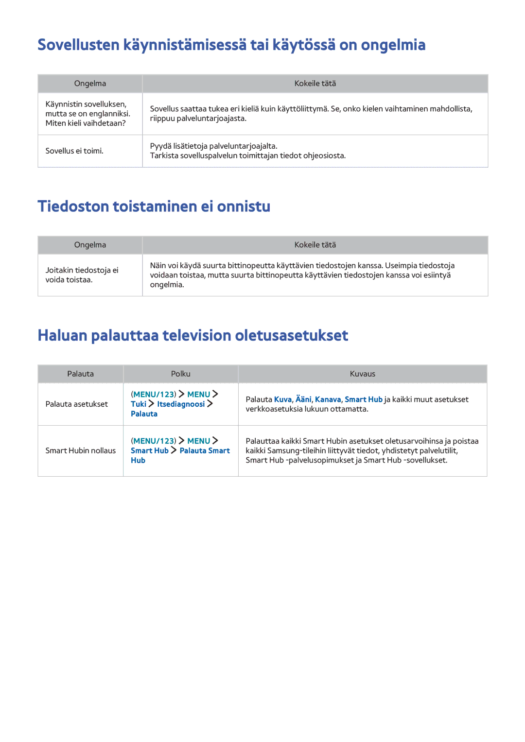 Samsung UE43J5605AKXXE manual Sovellusten käynnistämisessä tai käytössä on ongelmia, Tiedoston toistaminen ei onnistu 