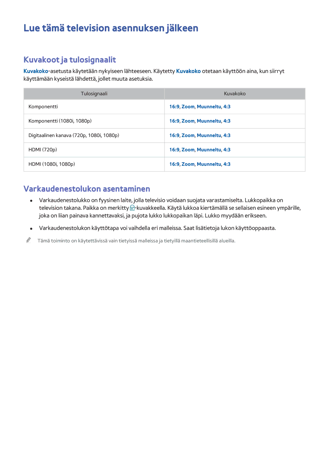 Samsung UE48J5505AKXXE Lue tämä television asennuksen jälkeen, Kuvakoot ja tulosignaalit, Varkaudenestolukon asentaminen 