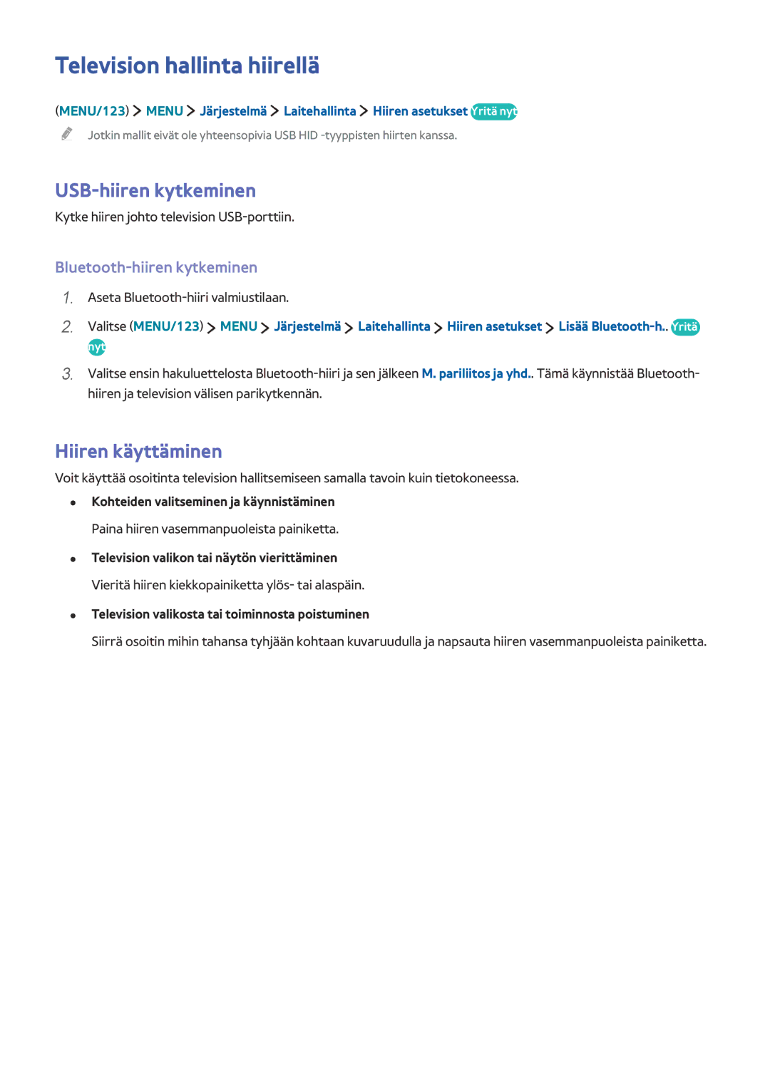 Samsung UE48J6375SUXXE, UE43J5505AKXXE, UE32S9AUXXE Television hallinta hiirellä, USB-hiiren kytkeminen, Hiiren käyttäminen 