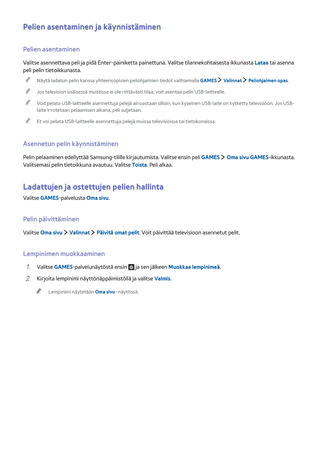 Samsung UE40J5505AKXXE, UE43J5505AKXXE manual Pelien asentaminen ja käynnistäminen, Ladattujen ja ostettujen pelien hallinta 