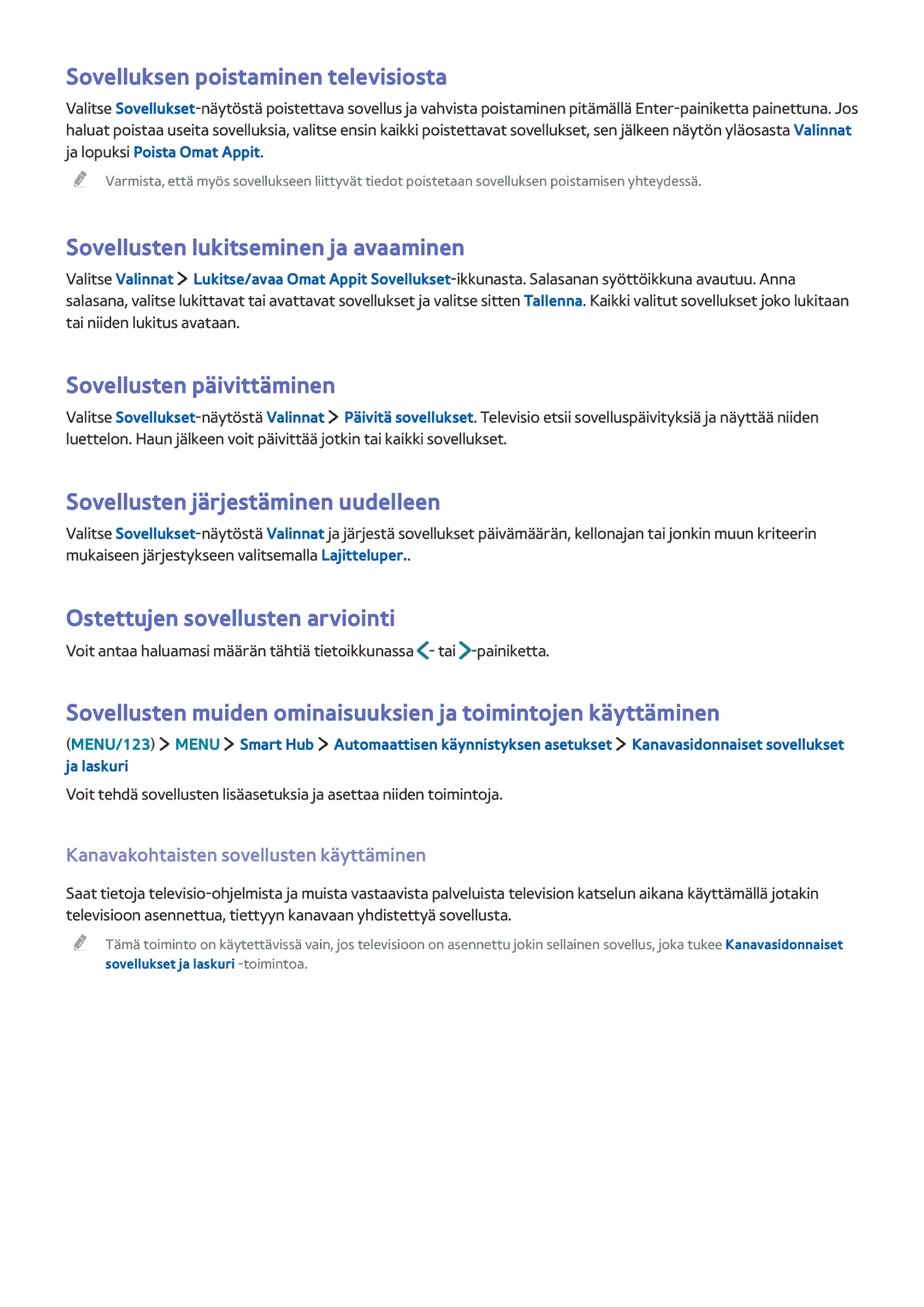 Samsung UE40J6275SUXXE, UE43J5505AKXXE manual Sovelluksen poistaminen televisiosta, Sovellusten lukitseminen ja avaaminen 