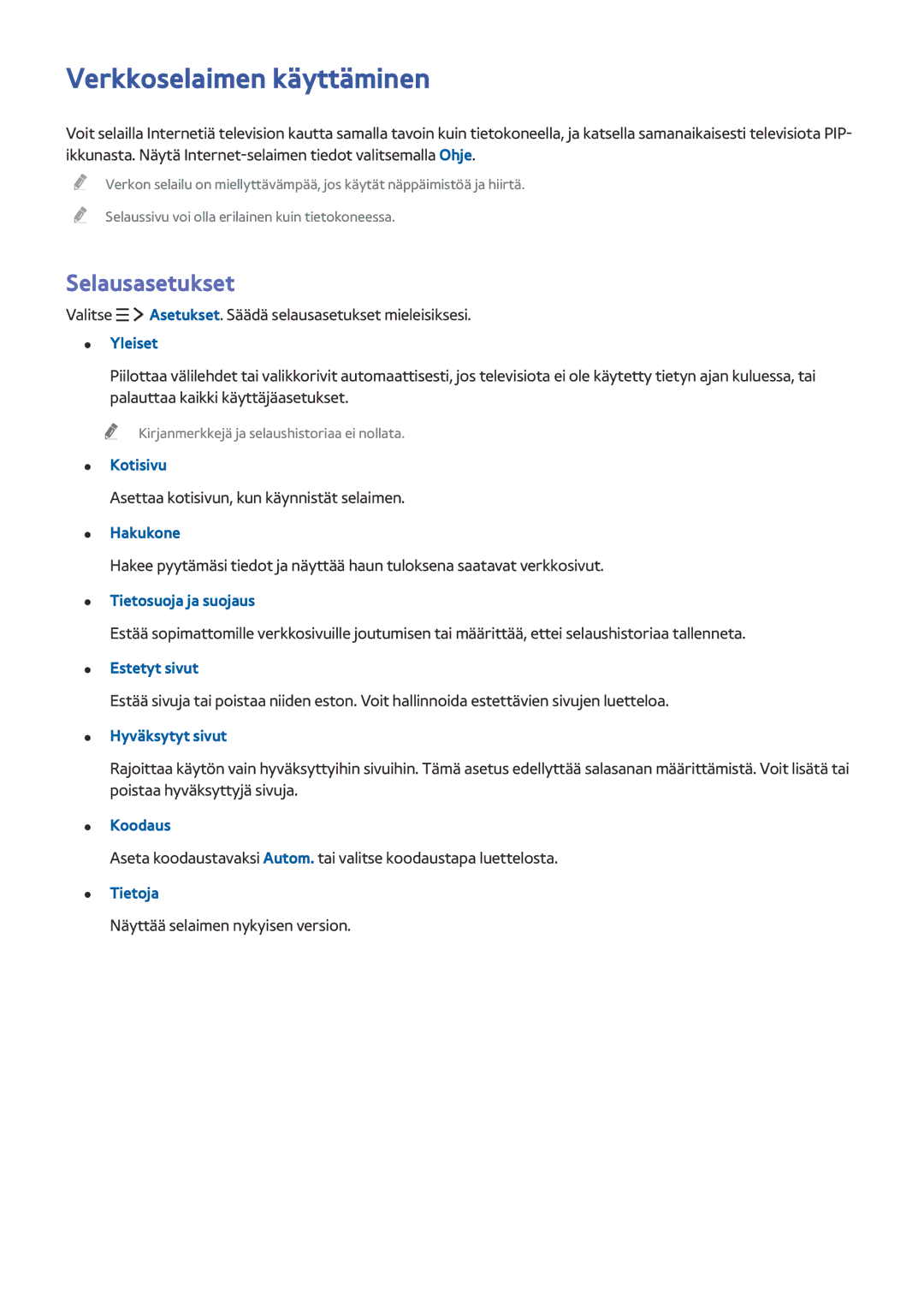 Samsung UE55J5605AKXXE, UE43J5505AKXXE, UE40J6275SUXXE, UE55J5505AKXXE manual Verkkoselaimen käyttäminen, Selausasetukset 