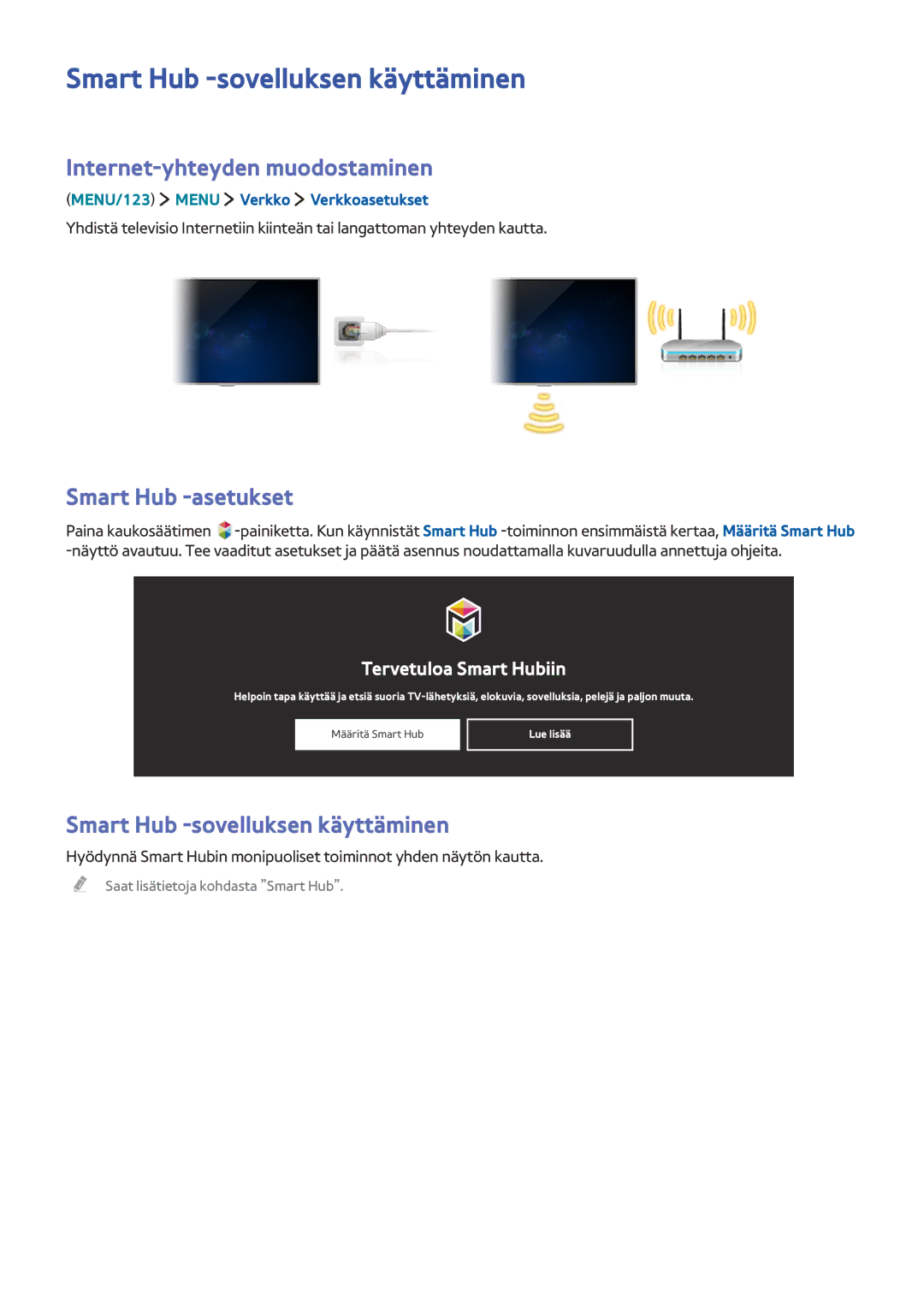 Samsung UE32J5605AKXXE manual Smart Hub -sovelluksen käyttäminen, Internet-yhteyden muodostaminen, Smart Hub -asetukset 