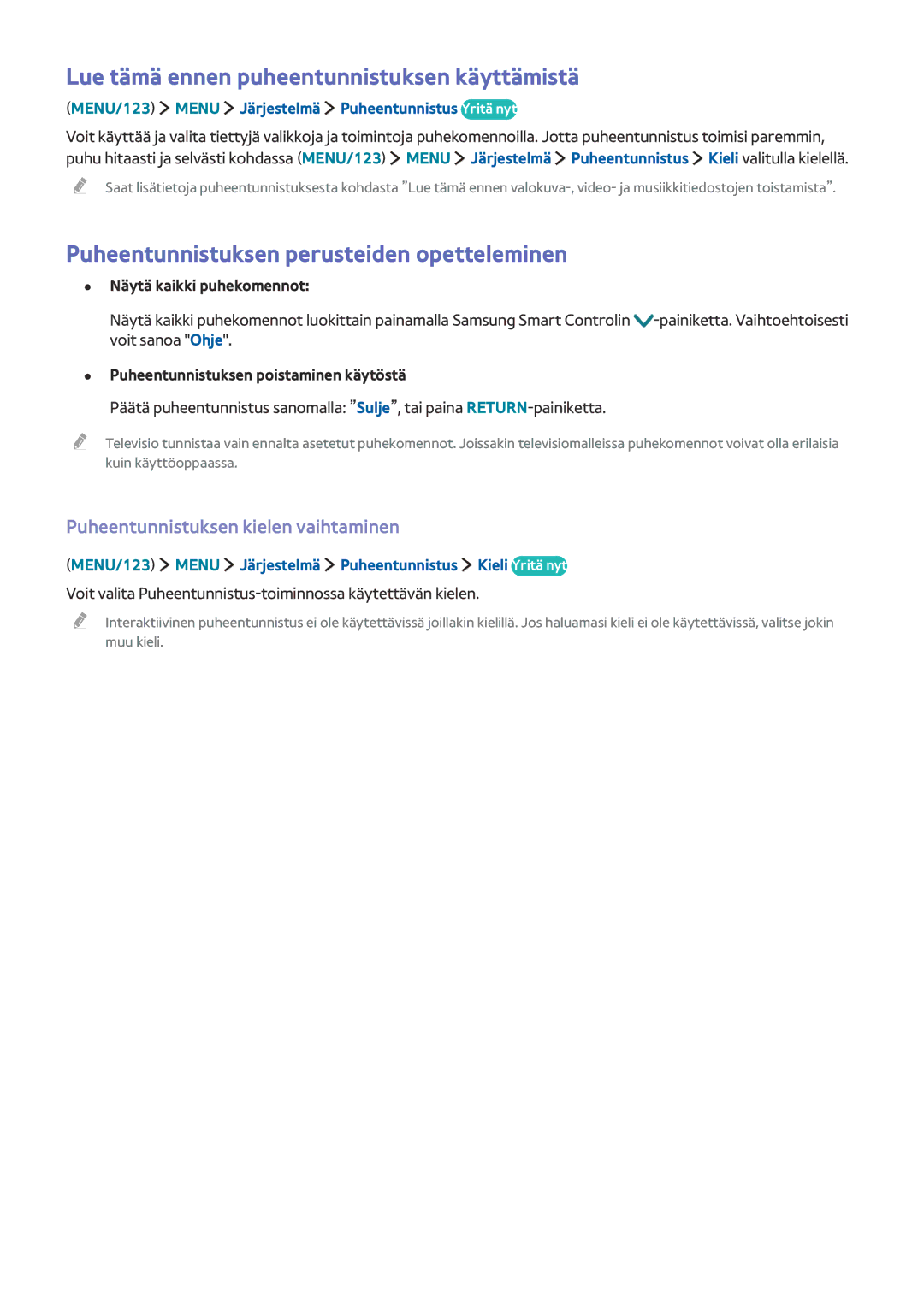 Samsung UE50J6275SUXXE manual Lue tämä ennen puheentunnistuksen käyttämistä, Puheentunnistuksen perusteiden opetteleminen 