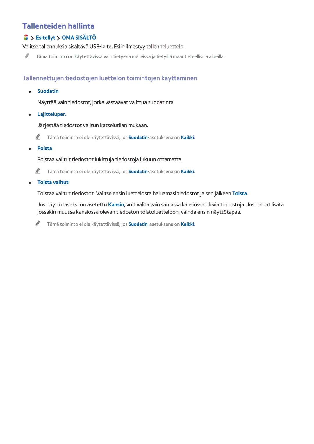 Samsung UE48J5515AKXXE manual Tallenteiden hallinta, Suodatin, Näyttää vain tiedostot, jotka vastaavat valittua suodatinta 