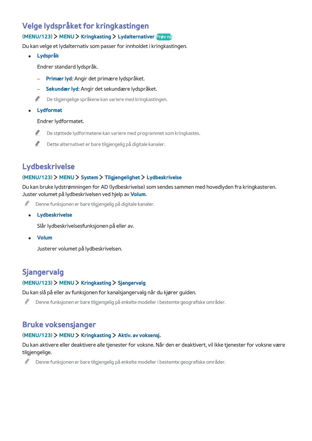 Samsung UE40J6375SUXXE, UE32S9AUXXE Velge lydspråket for kringkastingen, Lydbeskrivelse, Sjangervalg, Bruke voksensjanger 