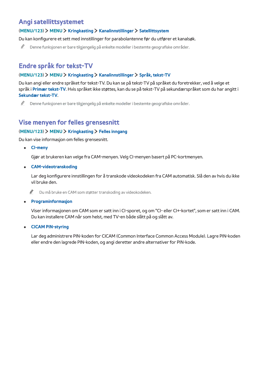 Samsung UE48J6375SUXXE, UE32S9AUXXE Angi satellittsystemet, Endre språk for tekst-TV, Vise menyen for felles grensesnitt 