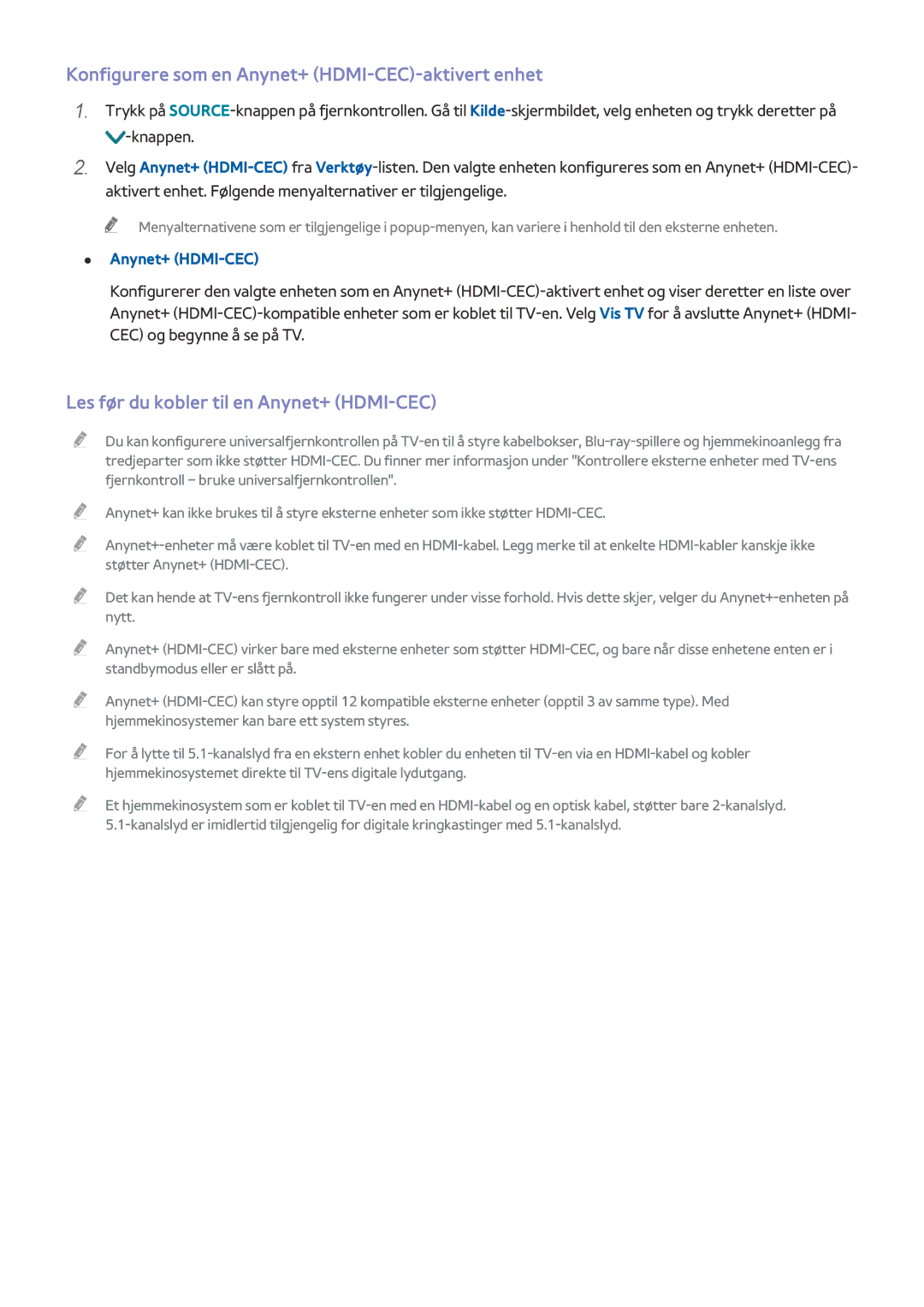 Samsung UE32J5505AKXXE manual Konfigurere som en Anynet+ HDMI-CEC-aktivert enhet, Les før du kobler til en Anynet+ HDMI-CEC 