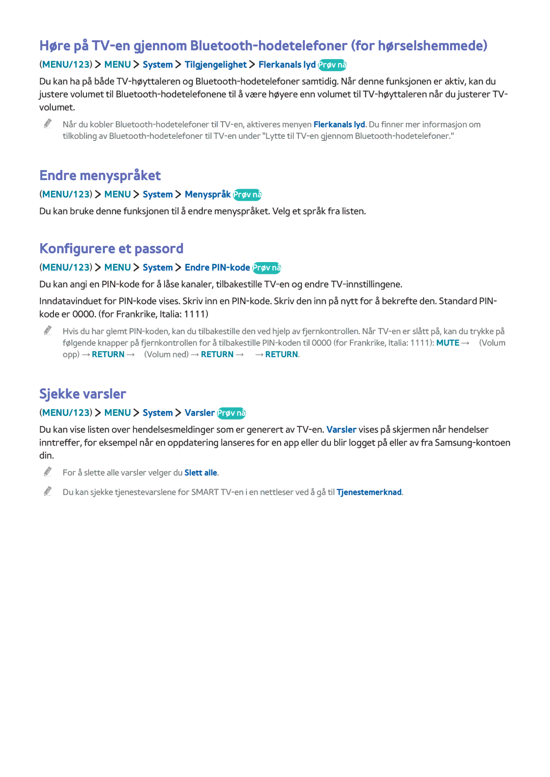 Samsung UE40J6285SUXXE, UE43J5505AKXXE, UE40J6275SUXXE manual Endre menyspråket, Konfigurere et passord, Sjekke varsler 
