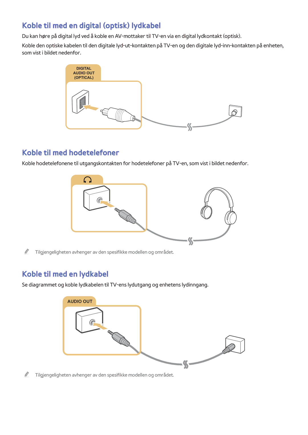 Samsung UE40J5505AKXXE Koble til med en digital optisk lydkabel, Koble til med hodetelefoner, Koble til med en lydkabel 