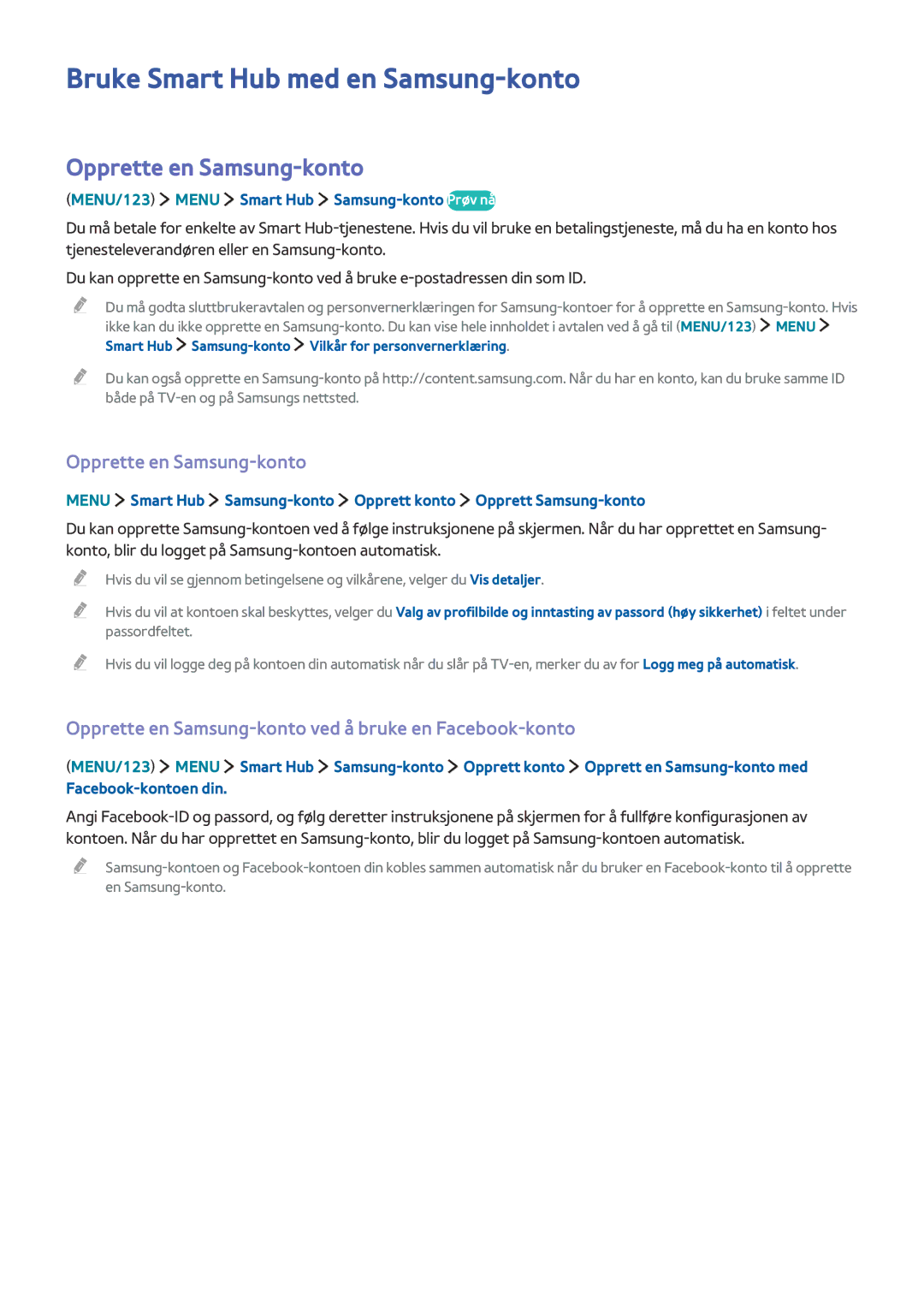 Samsung UE48J5505AKXXE, UE43J5505AKXXE, UE40J6275SUXXE manual Bruke Smart Hub med en Samsung-konto, Opprette en Samsung-konto 