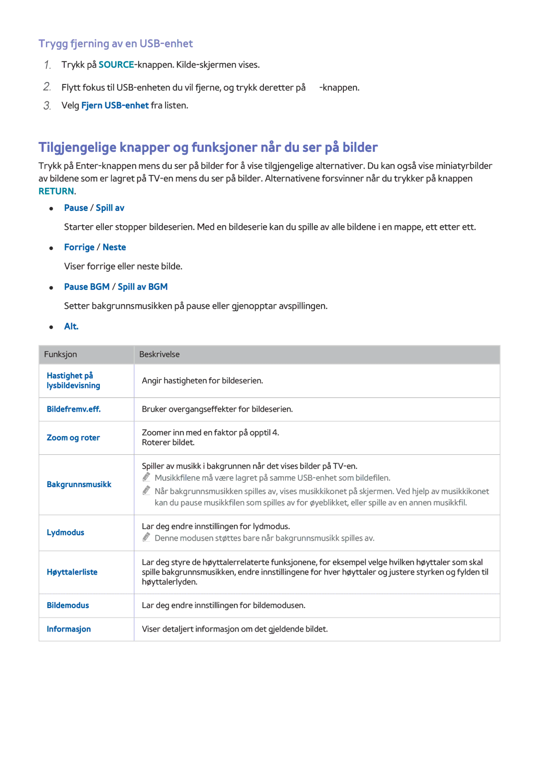 Samsung UE65J6295SUXXE manual Tilgjengelige knapper og funksjoner når du ser på bilder, Trygg fjerning av en USB-enhet 