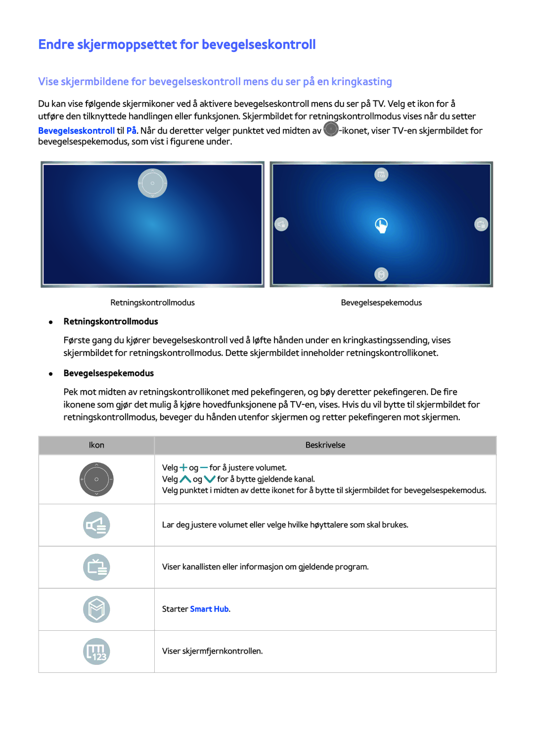 Samsung UE55J6275SUXXE, UE43J5505AKXXE, UE40J6275SUXXE Endre skjermoppsettet for bevegelseskontroll, Retningskontrollmodus 