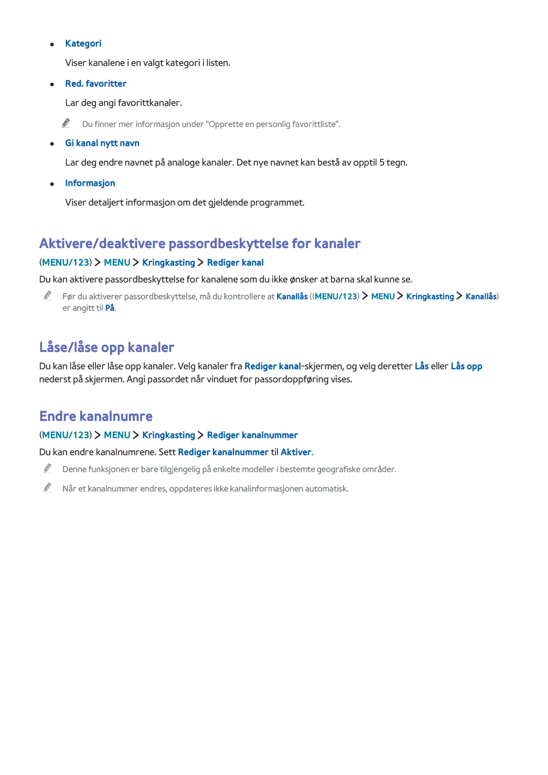 Samsung UE43J5605AKXXE manual Aktivere/deaktivere passordbeskyttelse for kanaler, Låse/låse opp kanaler, Endre kanalnumre 