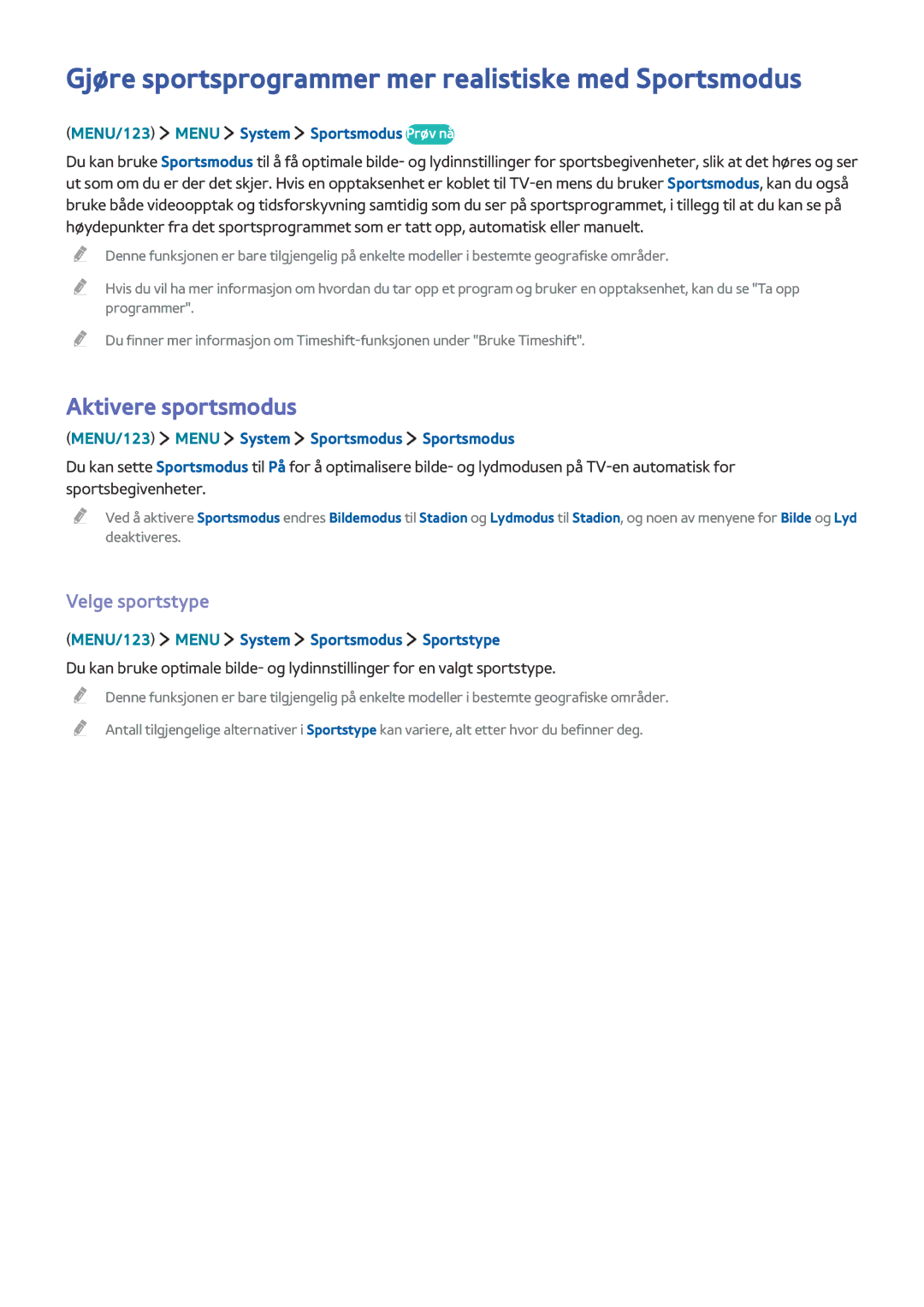 Samsung UE48J5605AKXXE, UE43J5505AKXXE manual Gjøre sportsprogrammer mer realistiske med Sportsmodus, Velge sportstype 