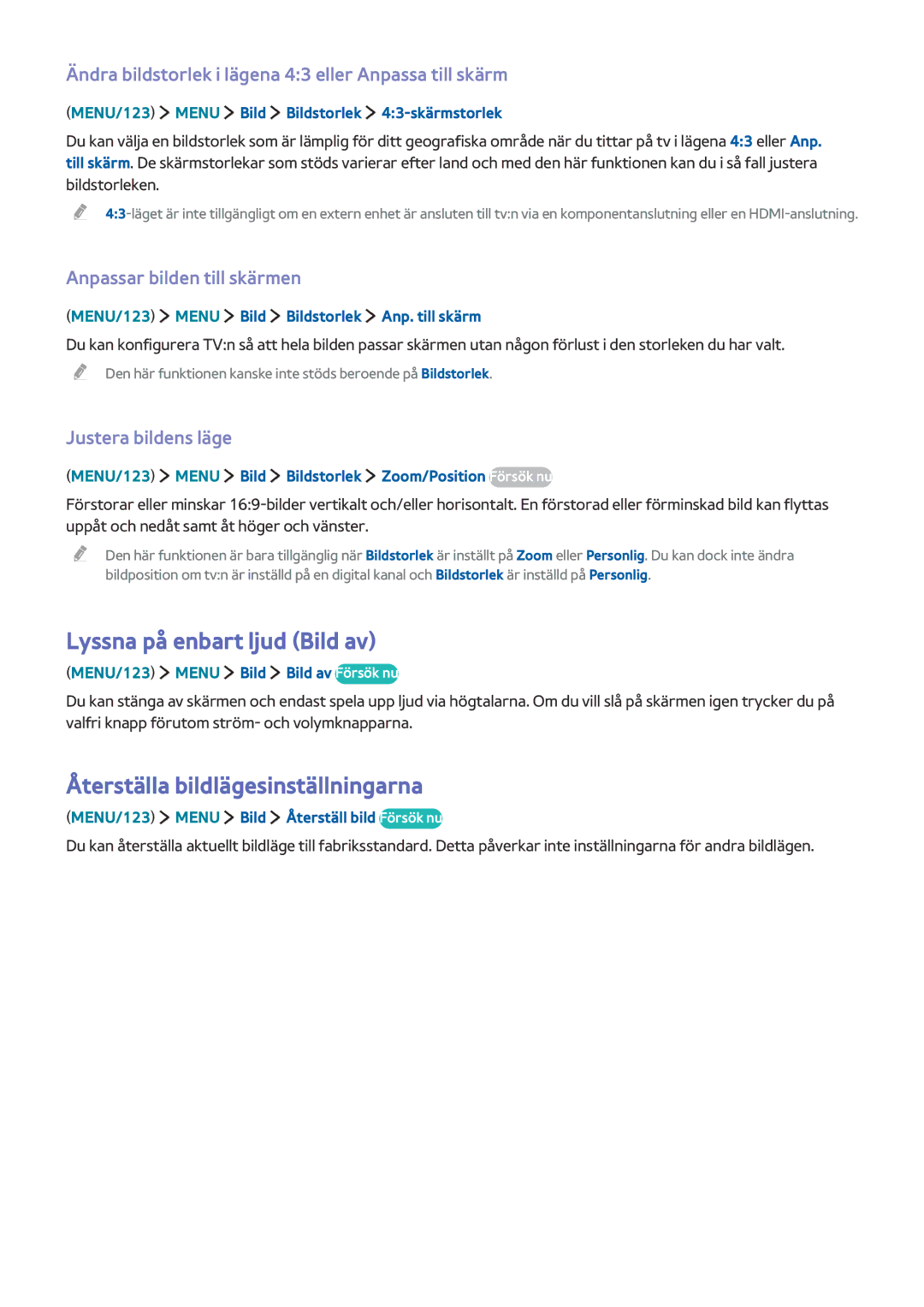 Samsung UE32S9AUXXE manual Lyssna på enbart ljud Bild av, Återställa bildlägesinställningarna, Anpassar bilden till skärmen 