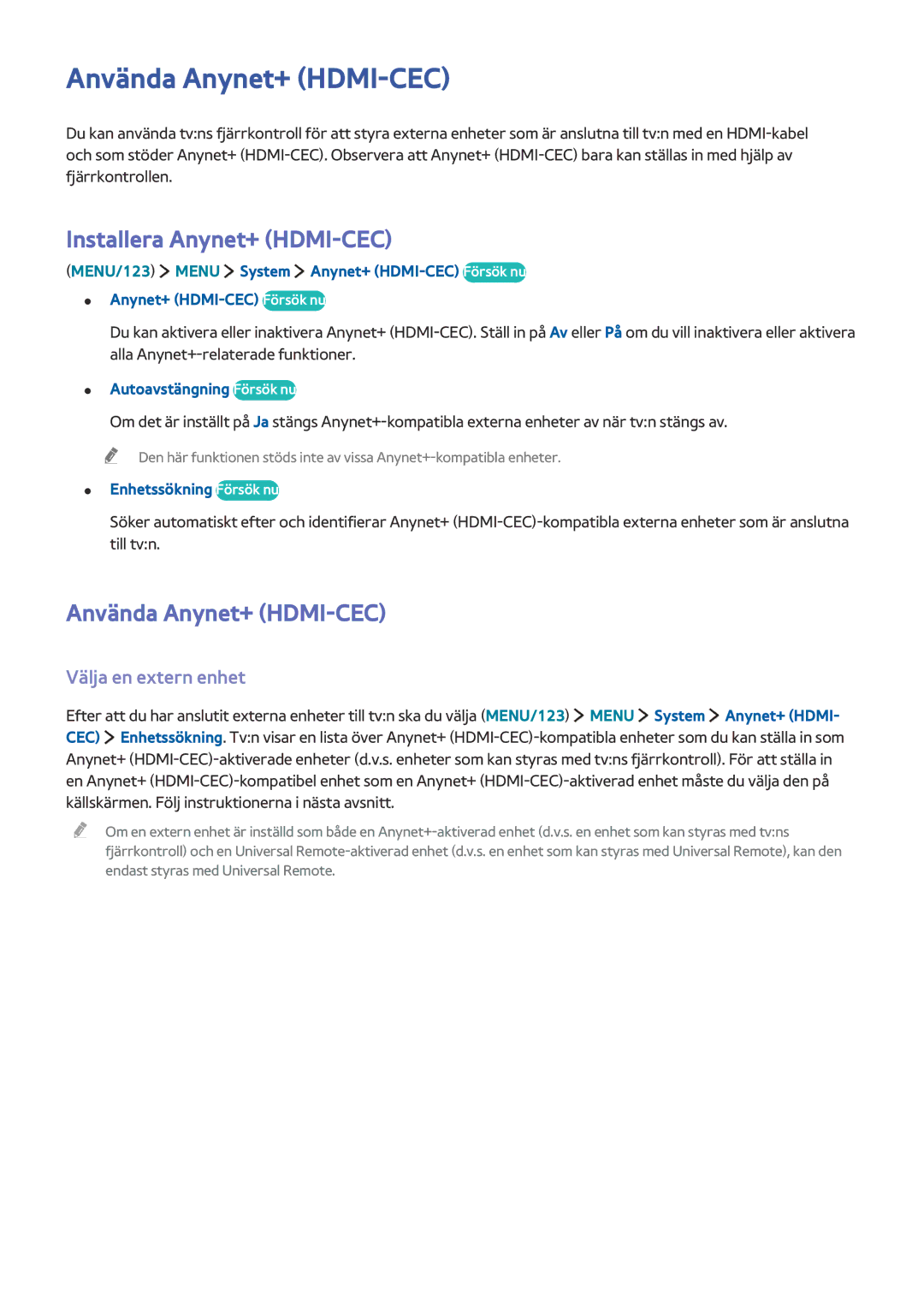 Samsung UE32J6275SUXXE, UE43J5505AKXXE manual Använda Anynet+ HDMI-CEC, Installera Anynet+ HDMI-CEC, Välja en extern enhet 