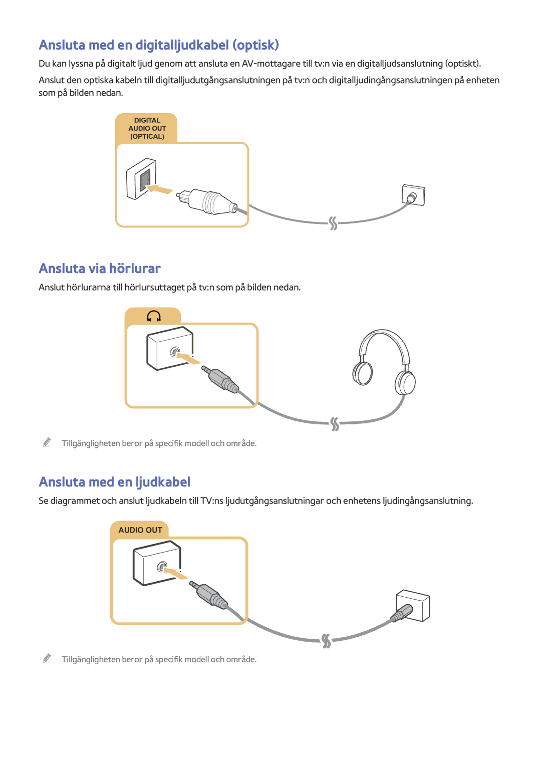 Samsung UE40J5505AKXXE, UE32S9AUXXE Ansluta med en digitalljudkabel optisk, Ansluta via hörlurar, Ansluta med en ljudkabel 