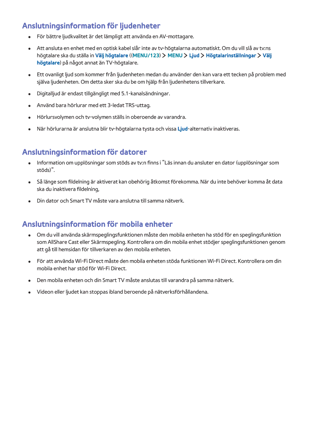 Samsung UE65J6295SUXXE, UE43J5505AKXXE manual Anslutningsinformation för ljudenheter, Anslutningsinformation för datorer 