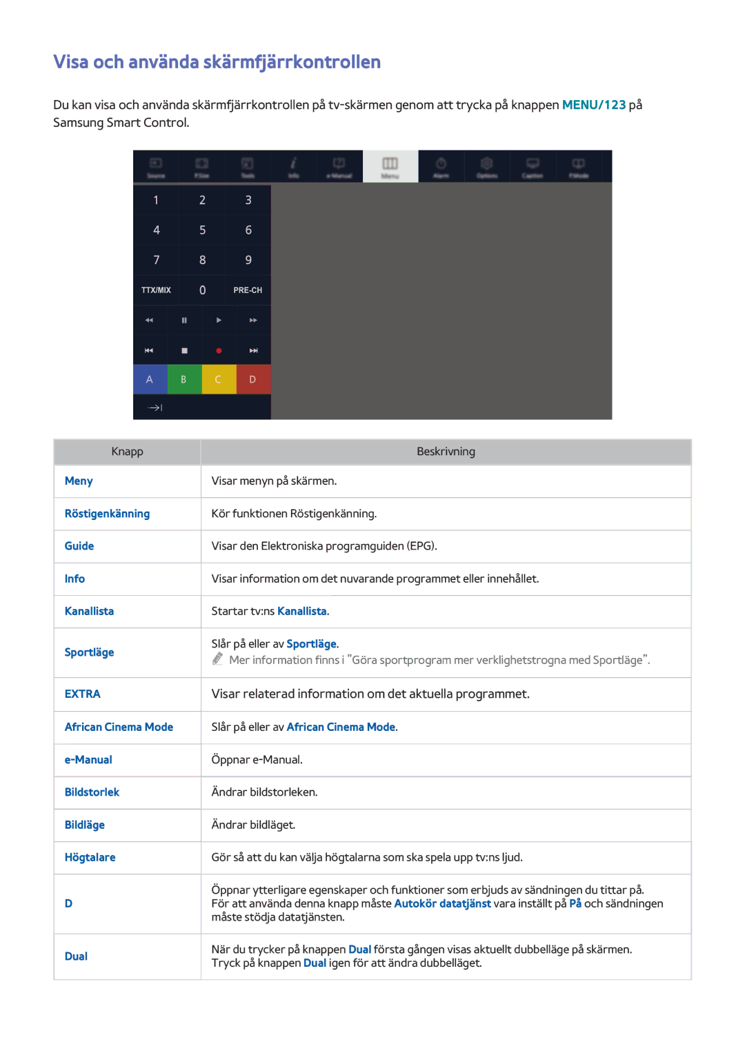 Samsung UE50J6285SUXXE manual Visa och använda skärmfjärrkontrollen, Visar relaterad information om det aktuella programmet 