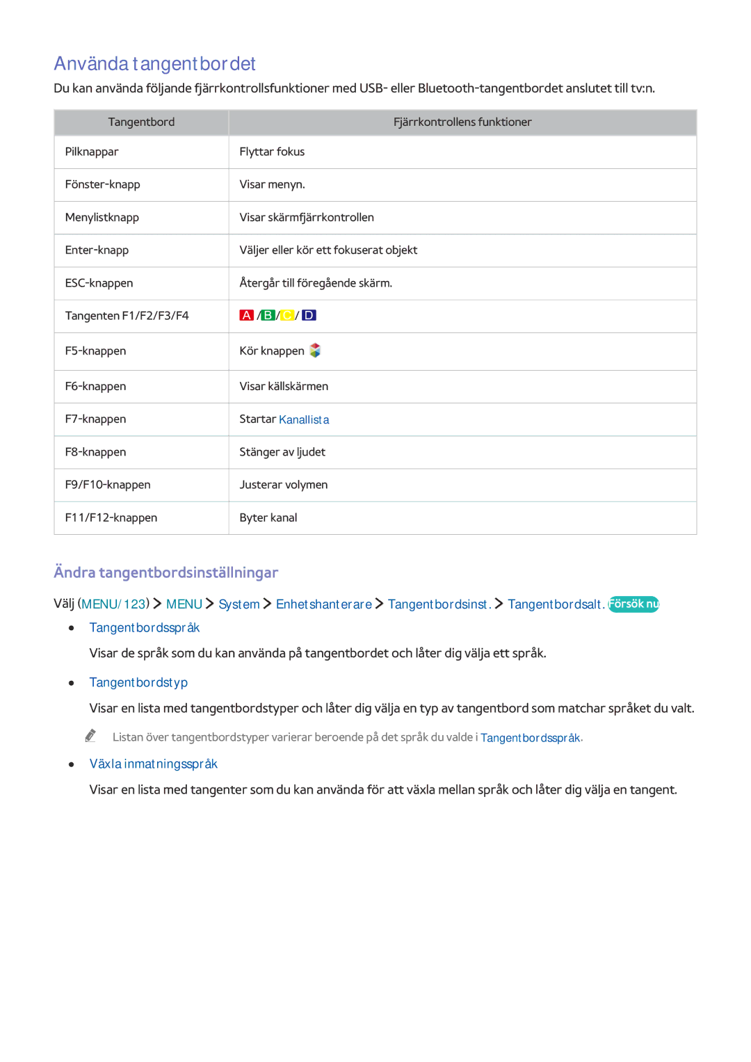 Samsung UE40J5515AKXXE Använda tangentbordet, Ändra tangentbordsinställningar, Tangentbordstyp, Växla inmatningsspråk 