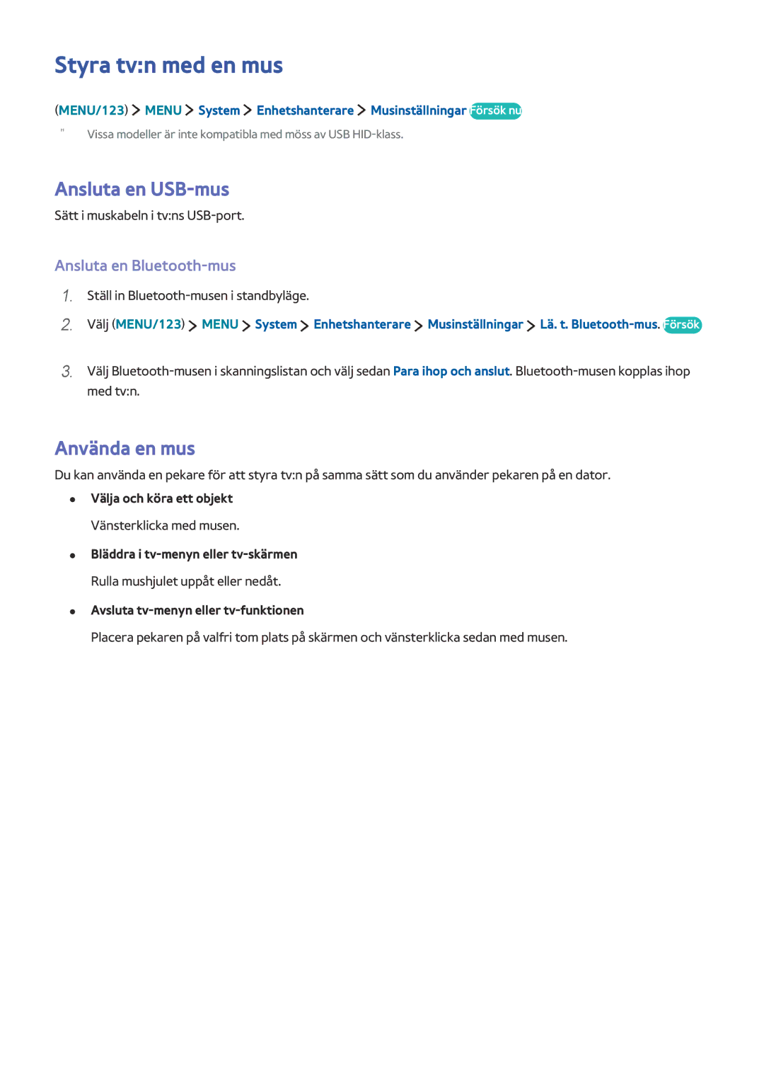 Samsung UE48J6375SUXXE, UE43J5505AKXXE Styra tvn med en mus, Ansluta en USB-mus, Använda en mus, Ansluta en Bluetooth-mus 