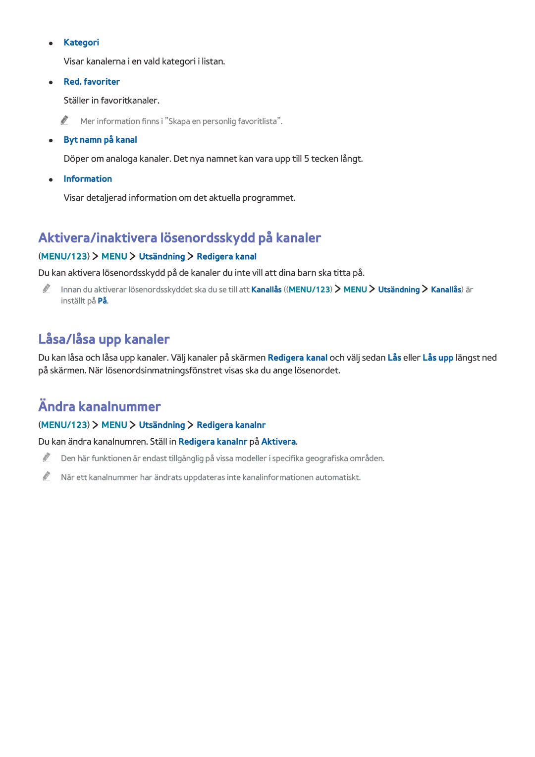 Samsung UE43J5605AKXXE manual Aktivera/inaktivera lösenordsskydd på kanaler, Låsa/låsa upp kanaler, Ändra kanalnummer 