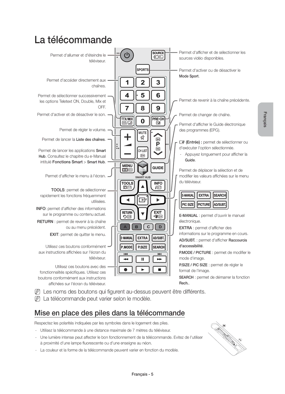 Samsung UE48J5670SUXZG, UE43J5670SUXZG manual La télécommande, Mise en place des piles dans la télécommande, Utilisées 