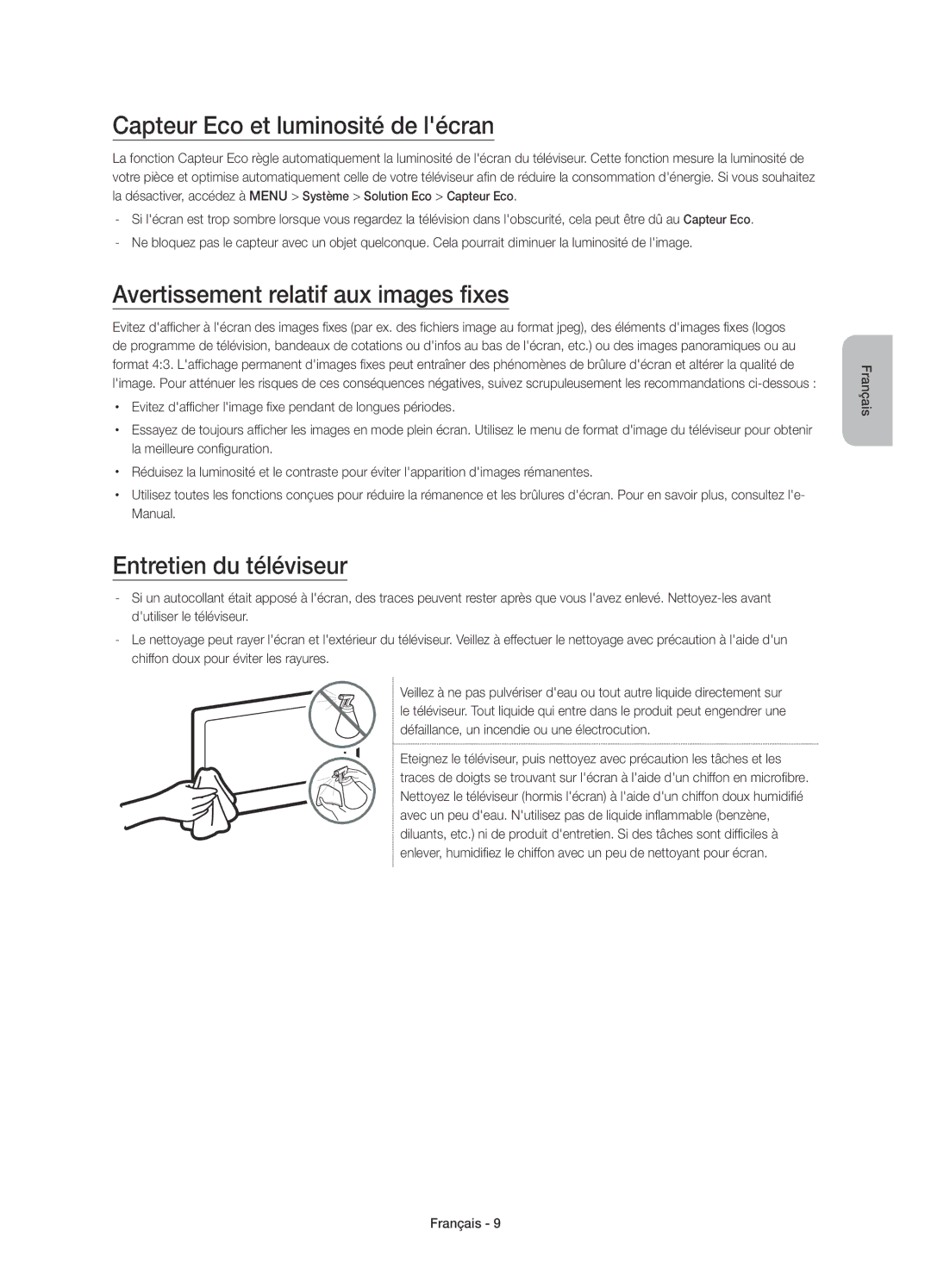 Samsung UE55J5570SUXZG, UE43J5670SUXZG manual Capteur Eco et luminosité de lécran, Avertissement relatif aux images fixes 