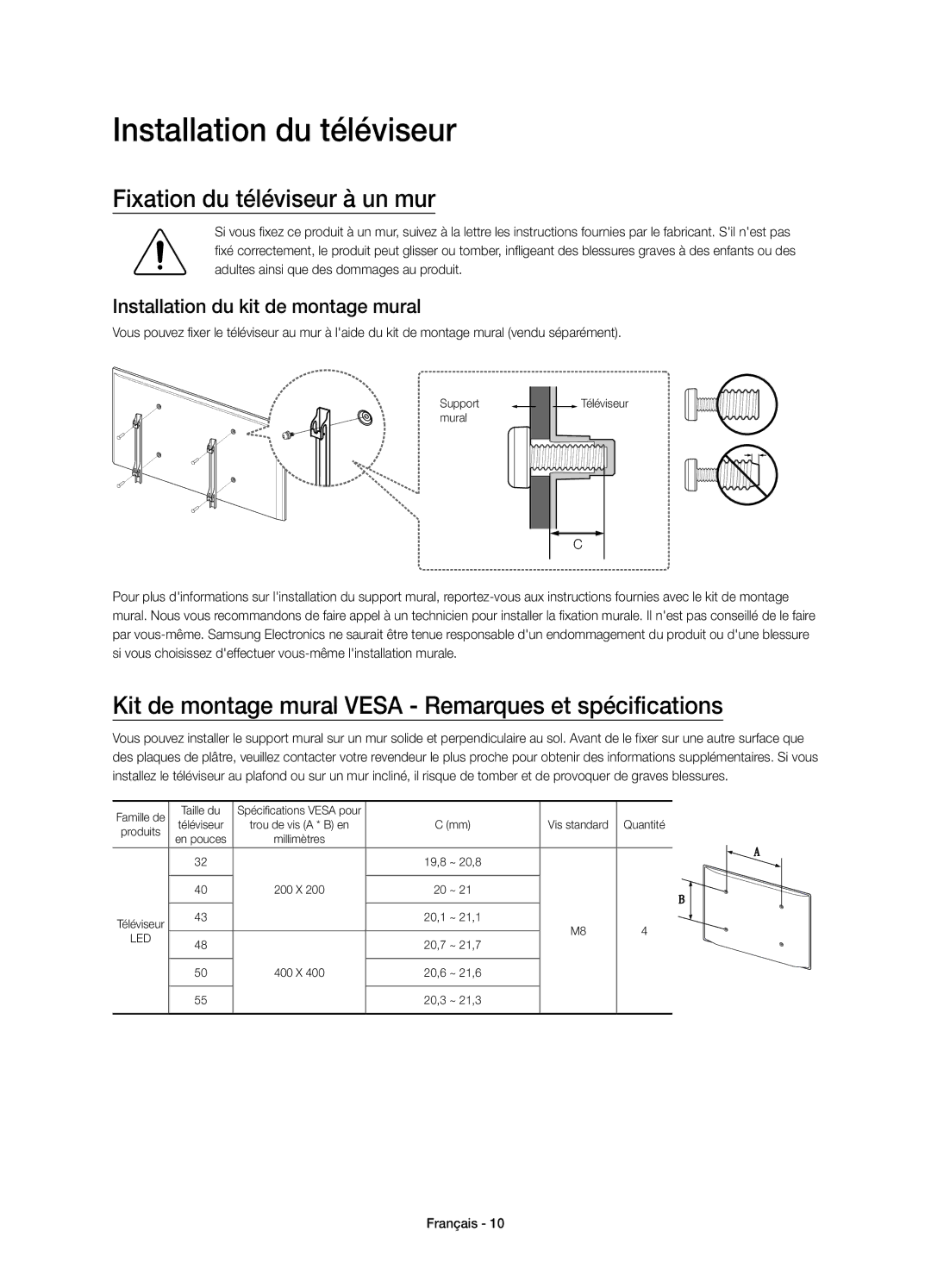 Samsung UE32J5570SUXXC Installation du téléviseur, Fixation du téléviseur à un mur, Installation du kit de montage mural 