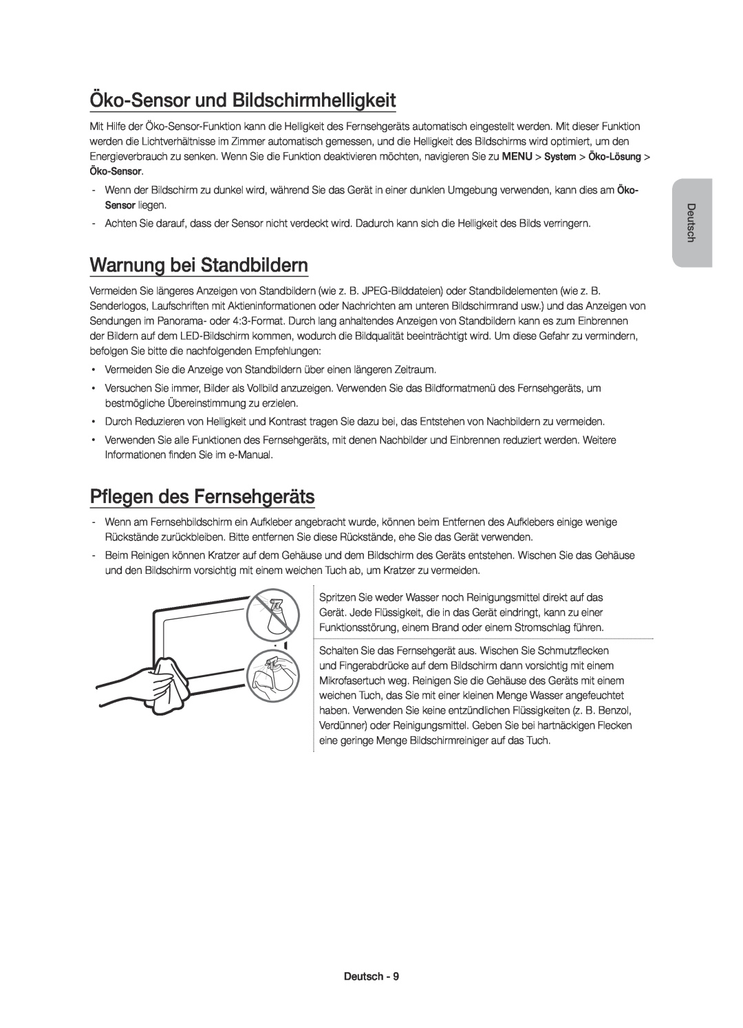 Samsung UE32J5570SUXTK manual Öko-Sensor und Bildschirmhelligkeit, Warnung bei Standbildern, Pflegen des Fernsehgeräts 