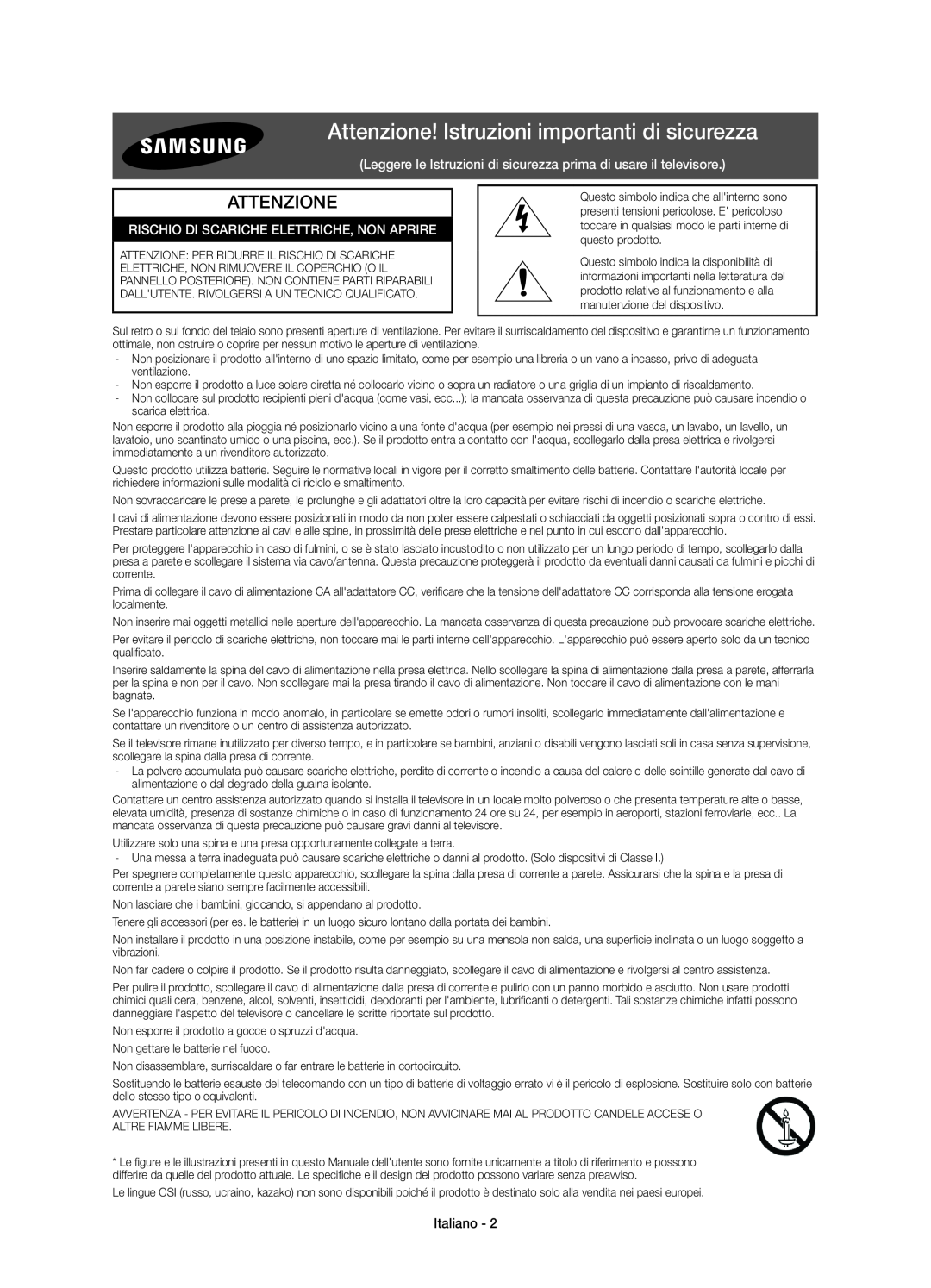 Samsung UE43J5670SUXZG manual Attenzione! Istruzioni importanti di sicurezza, Rischio Di Scariche Elettriche, Non Aprire 