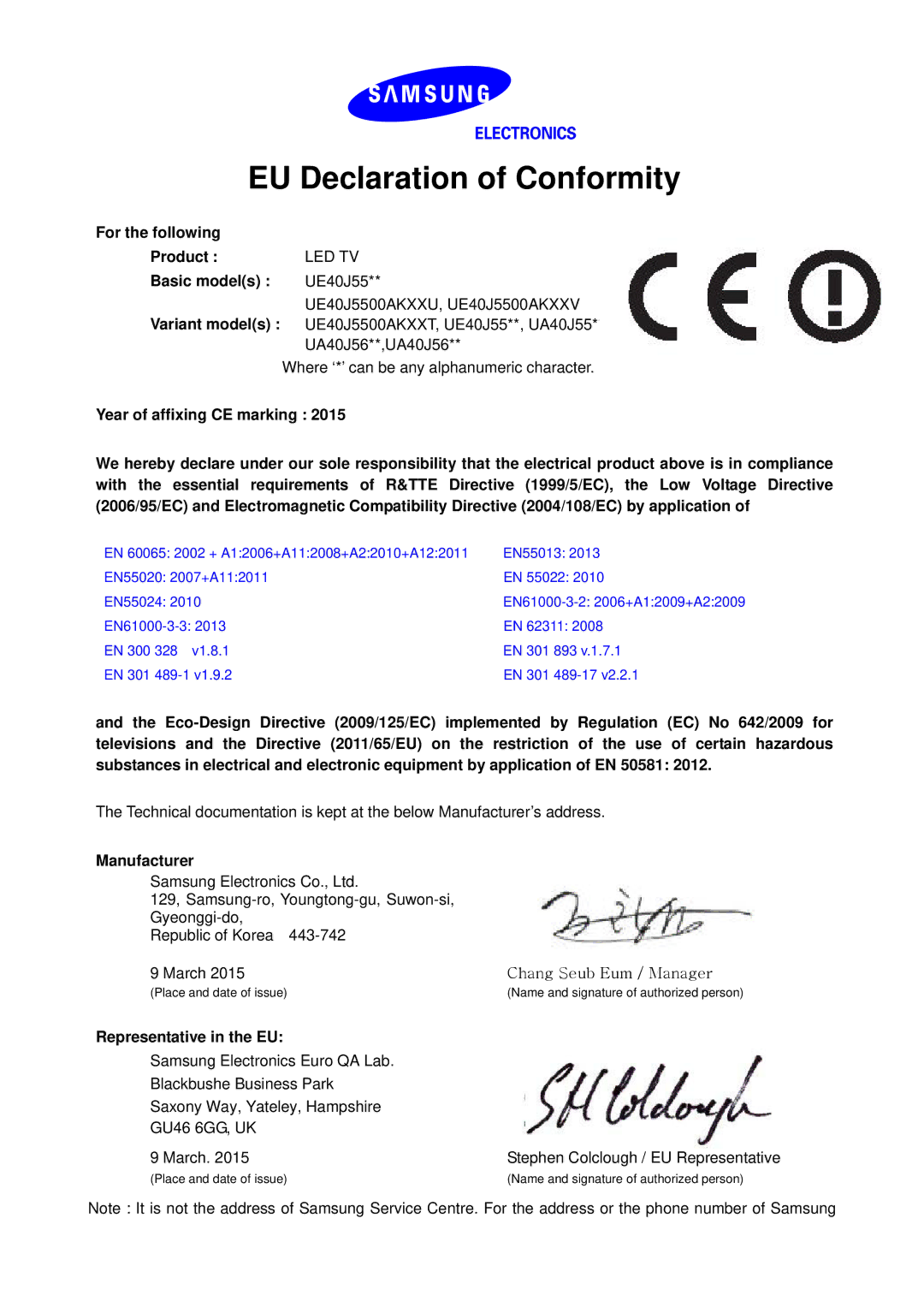 Samsung UE50J5500AWXXH, UE43J5670SUXZG, UE55J5500AWXXH, UE32J5570SUXTK manual EU Declaration of Conformity, Led Tv 