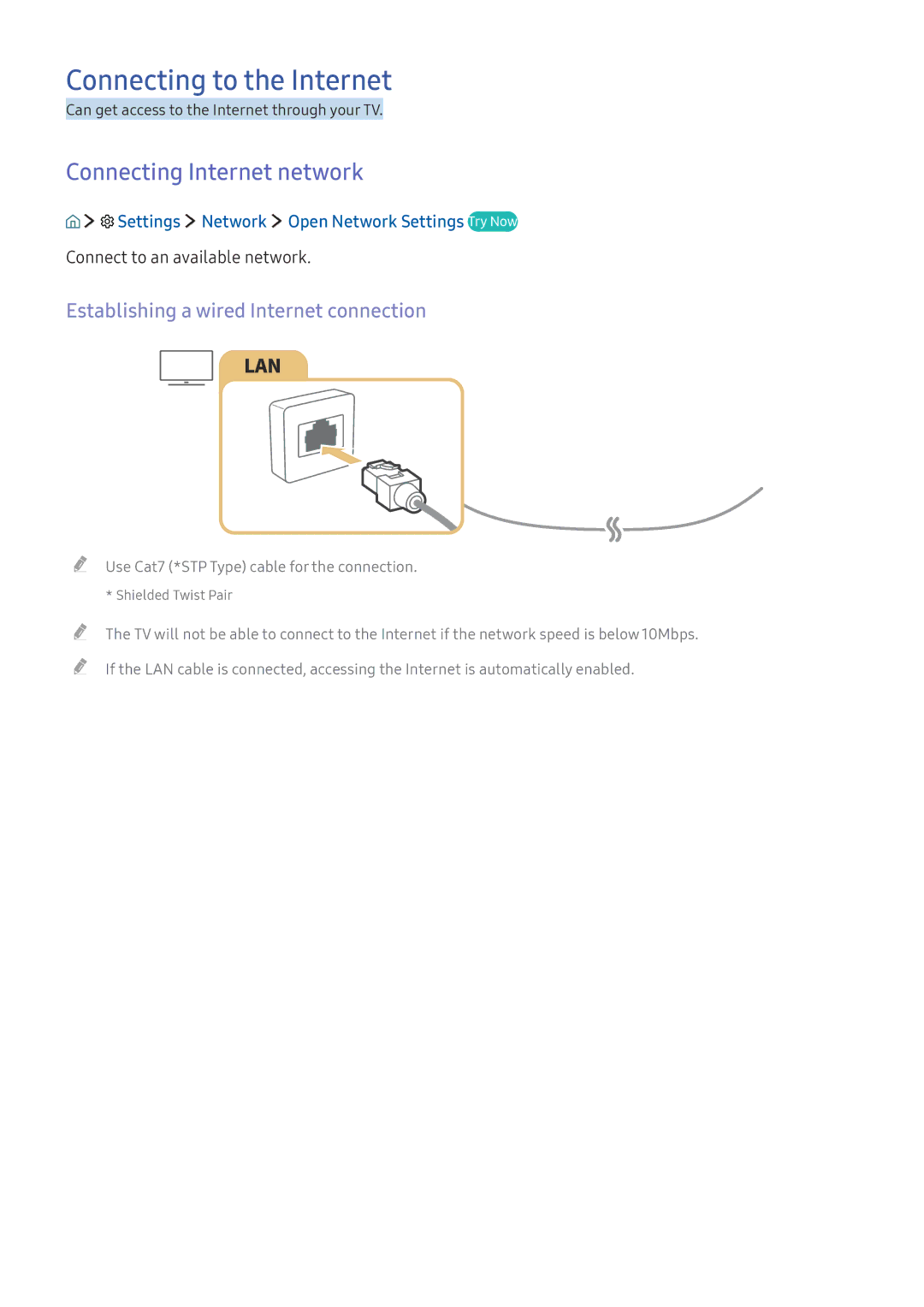 Samsung UE43KU6409UXZG Connecting to the Internet, Connecting Internet network, Establishing a wired Internet connection 