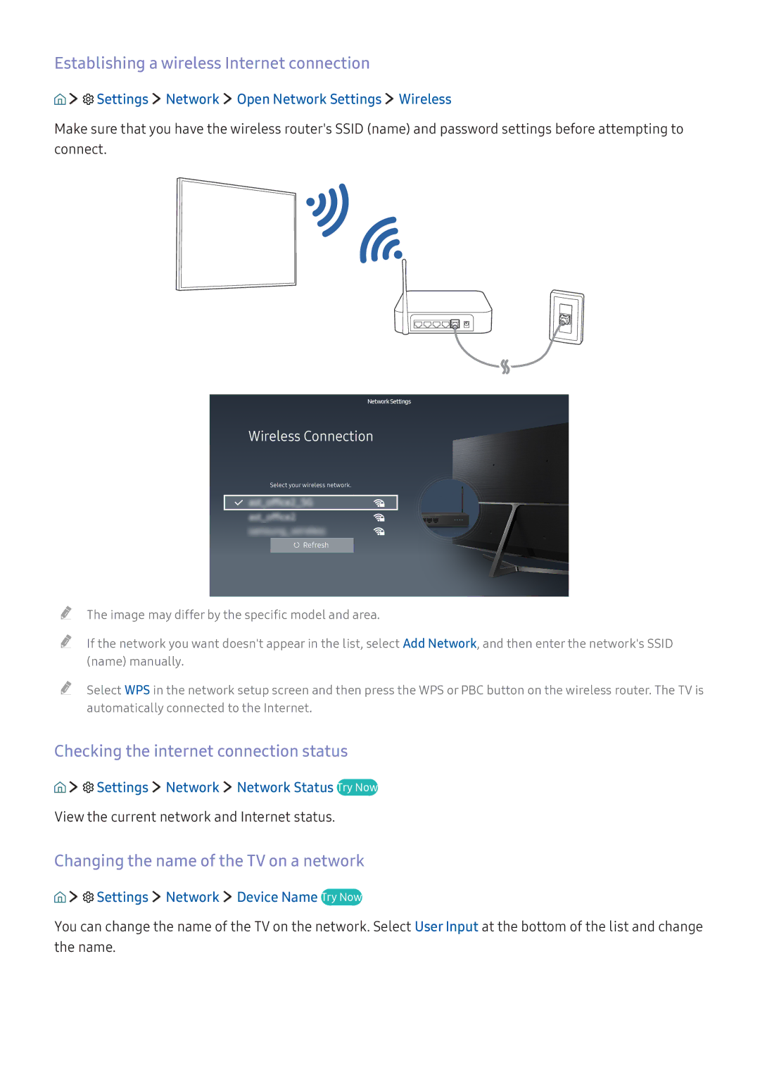 Samsung UE43KU6079UXZG manual Establishing a wireless Internet connection, Checking the internet connection status 