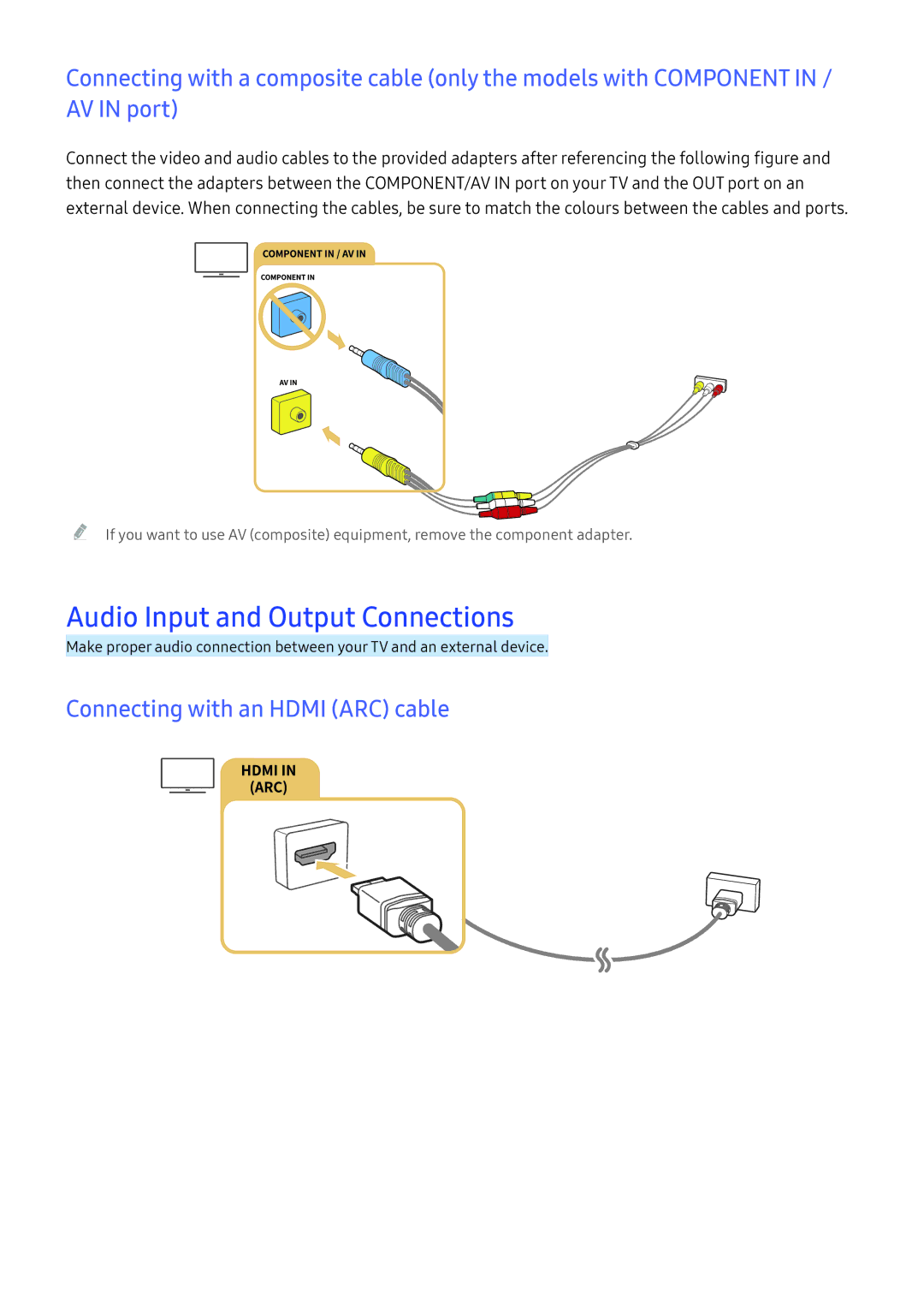 Samsung UE50KU6099UXZG, UE43KS7590UXZG manual Audio Input and Output Connections, Connecting with an Hdmi ARC cable 