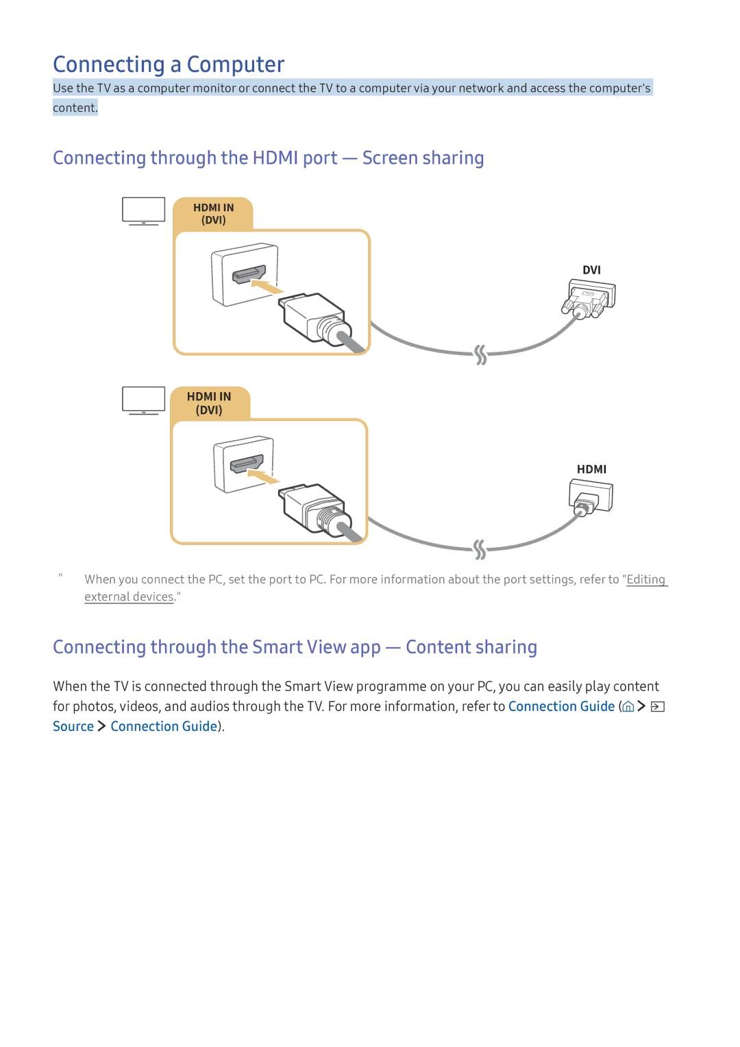 Samsung UE49KU6519UXZG, UE43KS7590UXZG manual Connecting a Computer, Connecting through the Hdmi port ― Screen sharing 