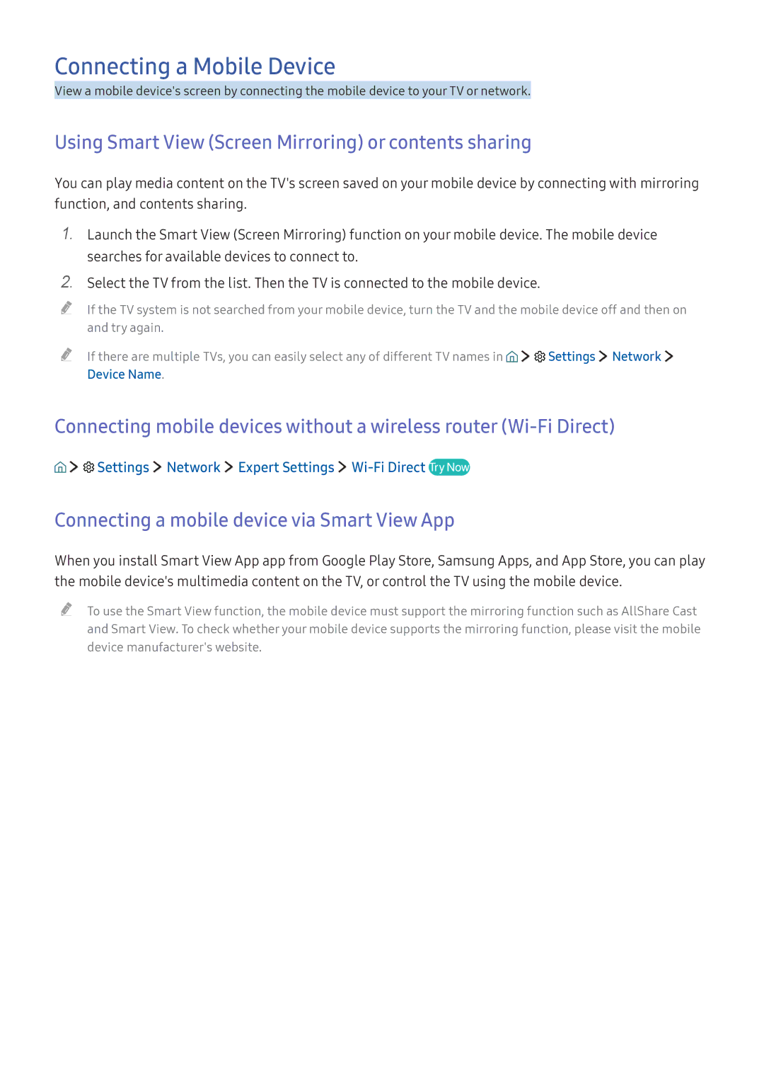 Samsung UE40KU6479UXZG, UE43KS7590UXZG Connecting a Mobile Device, Using Smart View Screen Mirroring or contents sharing 