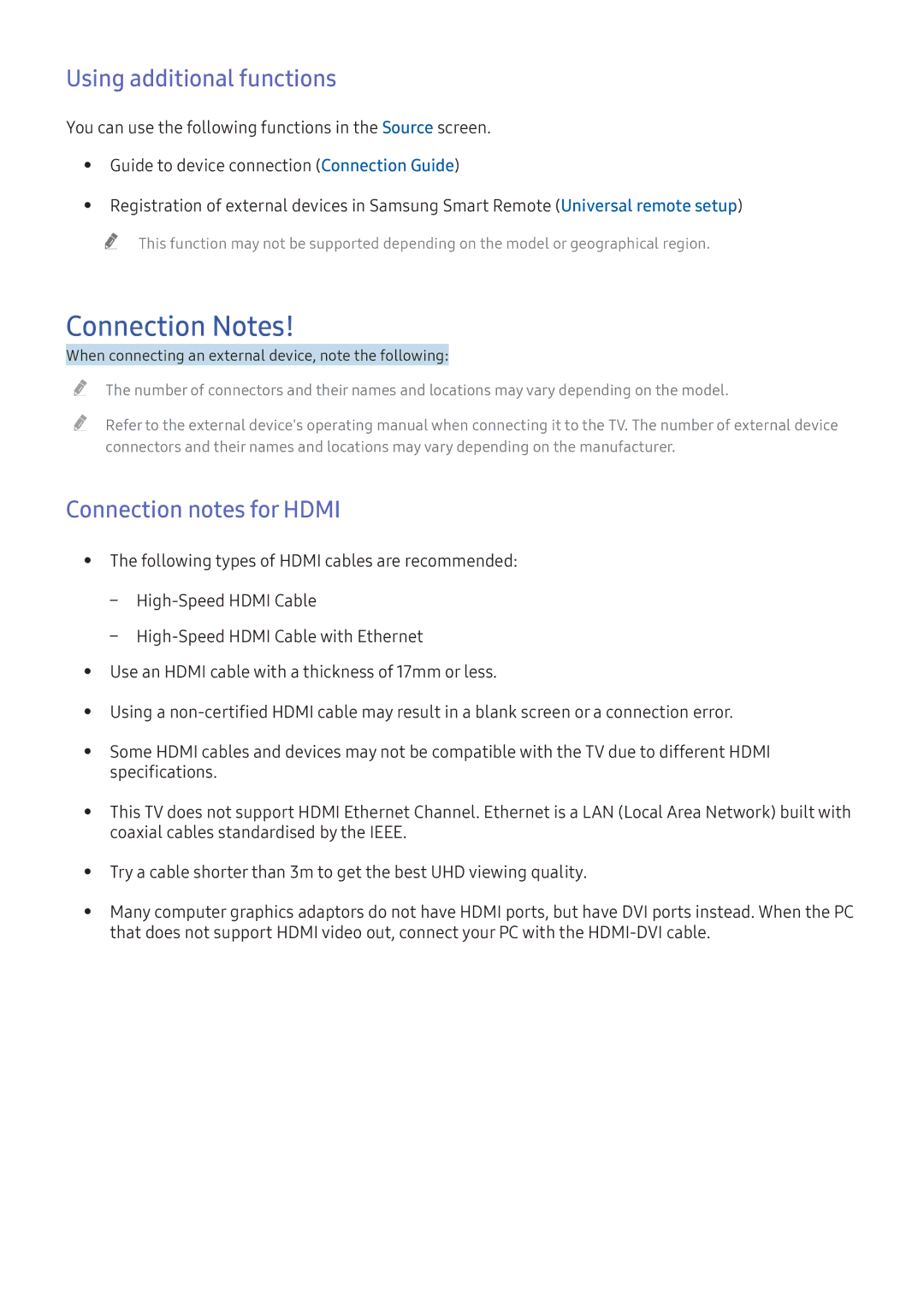 Samsung UE78KU6509UXZG, UE43KS7590UXZG manual Connection Notes, Using additional functions, Connection notes for Hdmi 