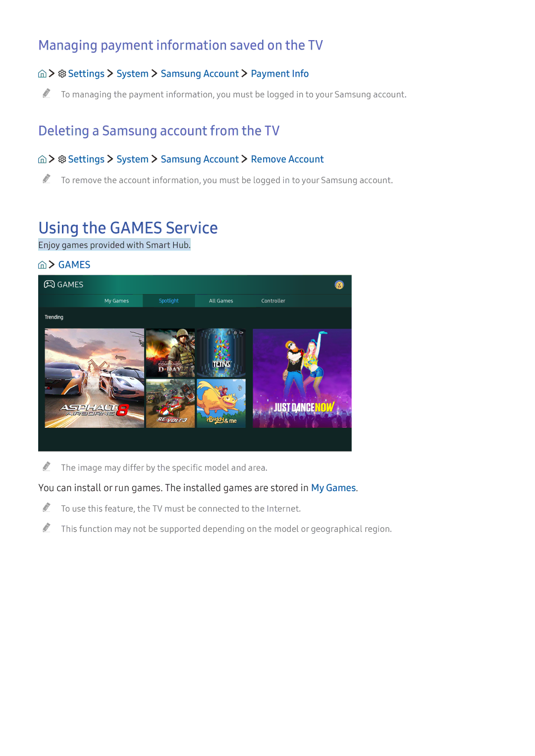 Samsung UE65KS8090TXZG, UE43KS7590UXZG manual Using the Games Service, Managing payment information saved on the TV 