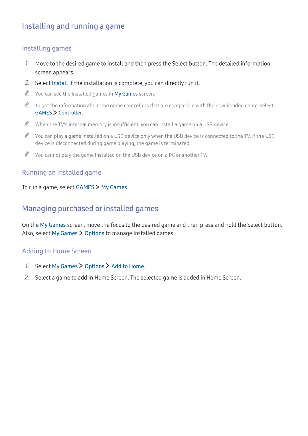 Samsung UE40KU6400SXXH manual Installing and running a game, Managing purchased or installed games, Installing games 