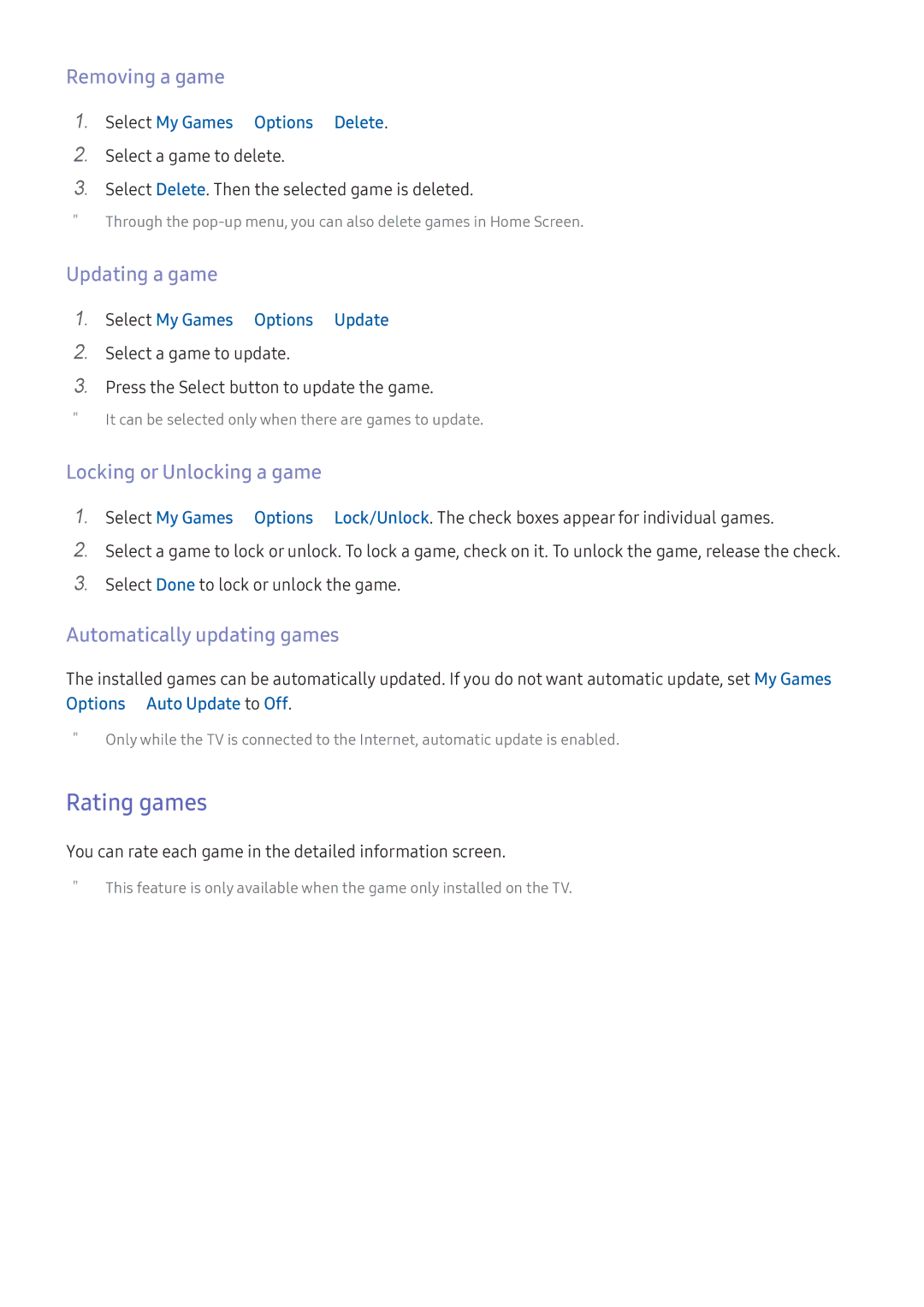 Samsung UE65KS9080TXZG, UE43KS7590UXZG manual Rating games, Removing a game, Updating a game, Locking or Unlocking a game 