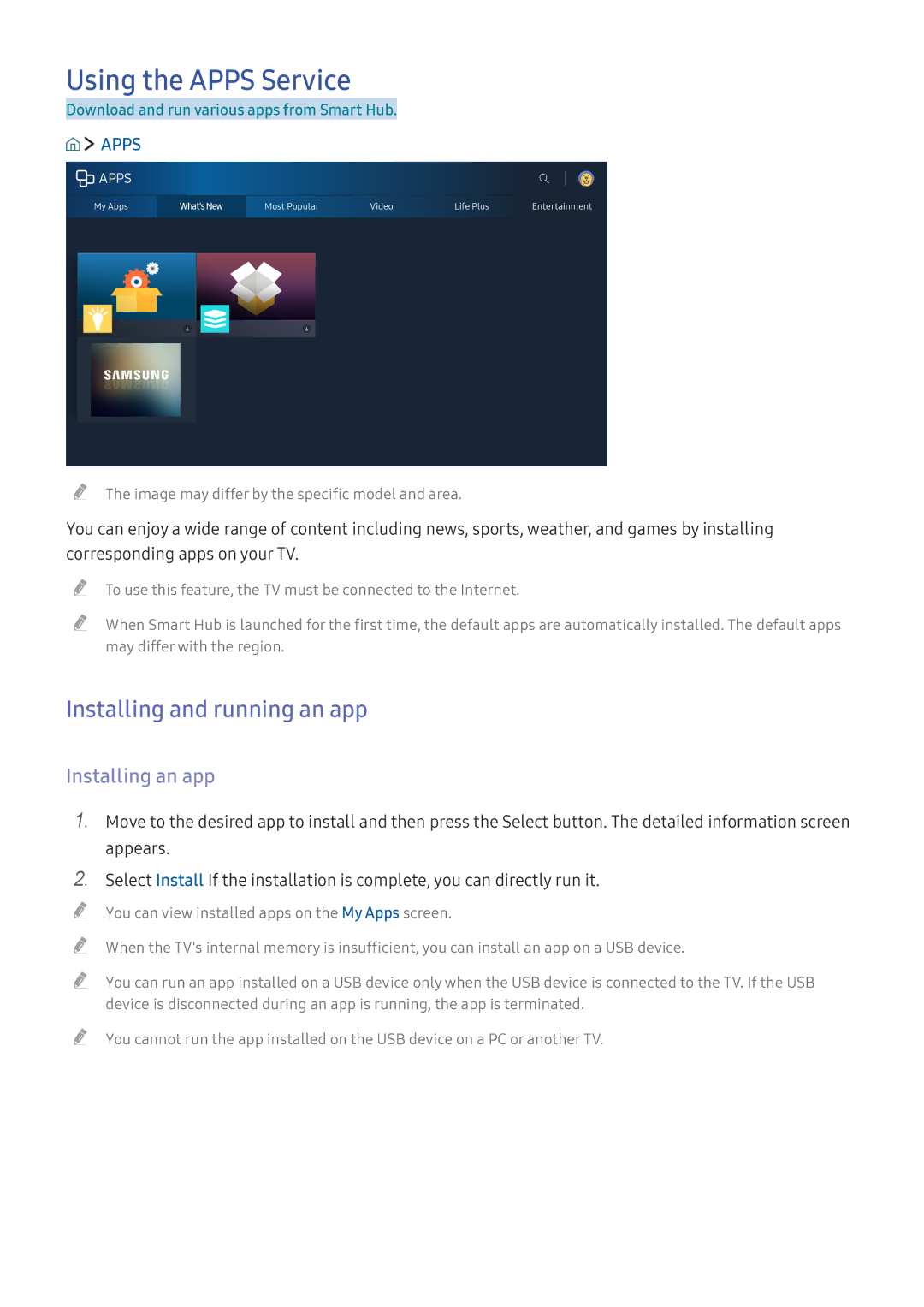 Samsung UE60KS7080UXZG, UE43KS7590UXZG manual Using the Apps Service, Installing and running an app, Installing an app 
