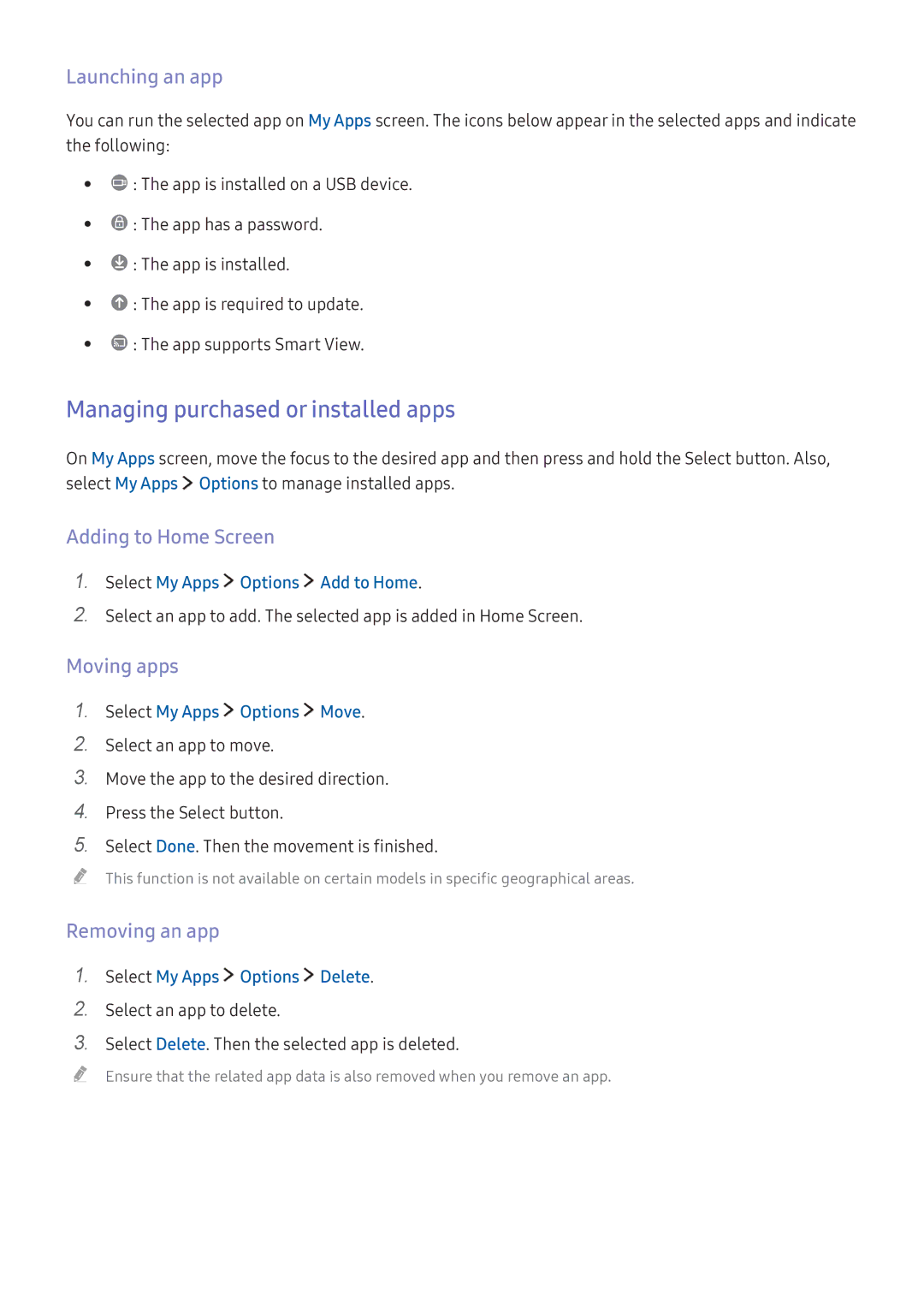 Samsung UE55KS9080TXZG manual Managing purchased or installed apps, Launching an app, Moving apps, Removing an app 