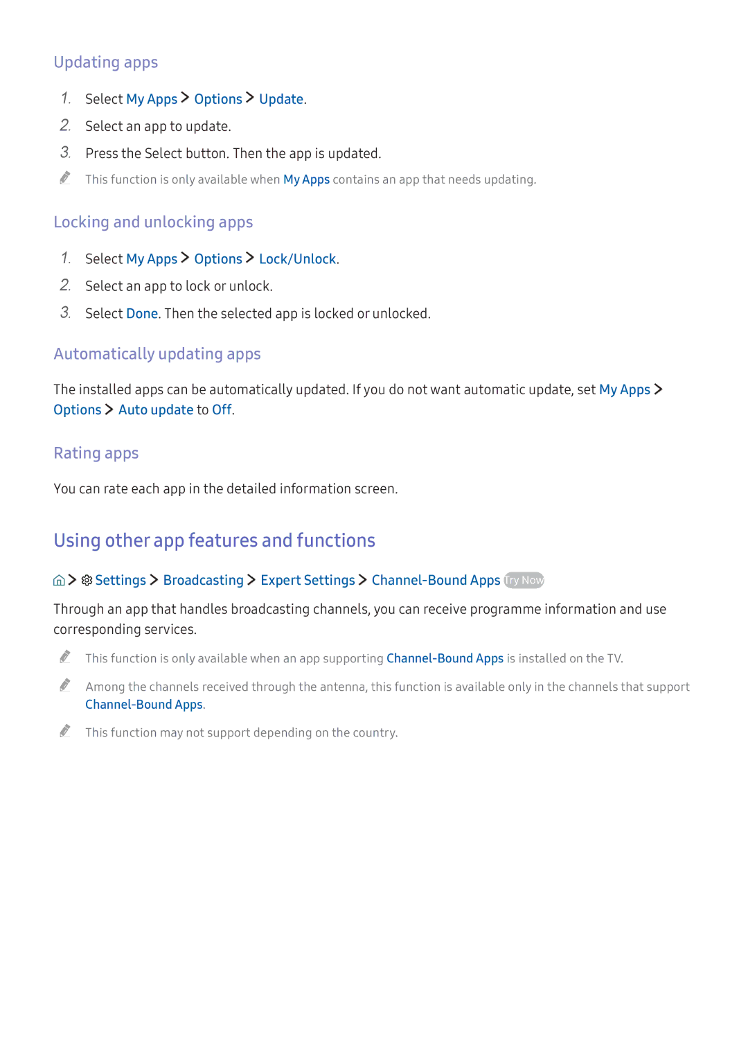 Samsung UE49KS9002TXXH Using other app features and functions, Updating apps, Locking and unlocking apps, Rating apps 