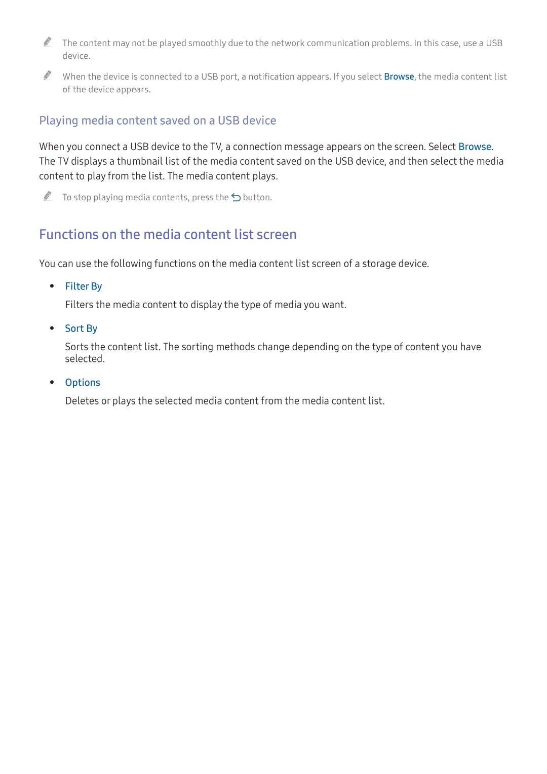 Samsung UE78KS9590TXZG Functions on the media content list screen, Playing media content saved on a USB device, Filter By 