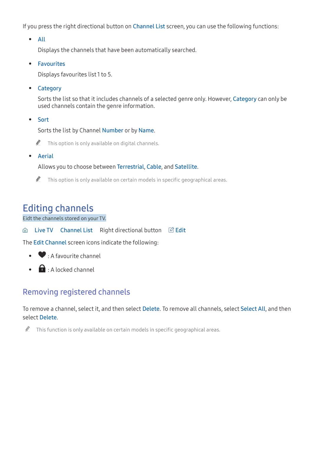 Samsung UE65KS9090TXZG, UE43KS7590UXZG, UE49KS7090UXZG, UE55KU6479UXZG manual Editing channels, Removing registered channels 