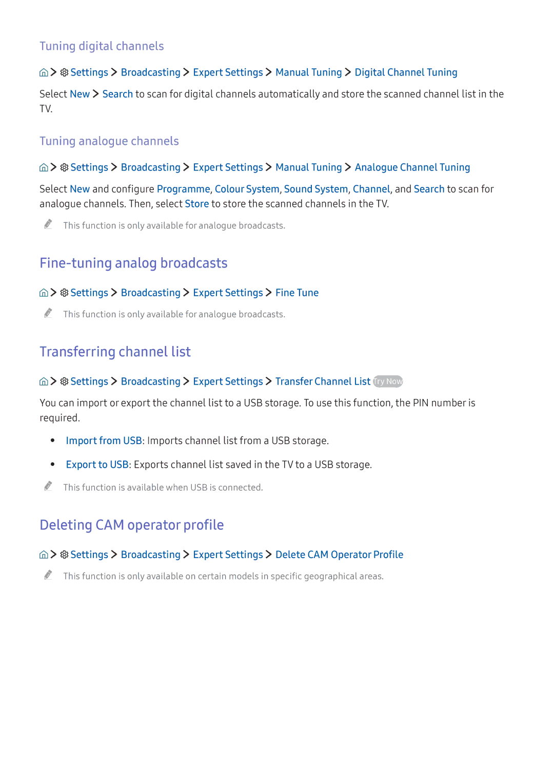 Samsung UE40KU6099UXZG manual Fine-tuning analog broadcasts, Transferring channel list, Deleting CAM operator profile 